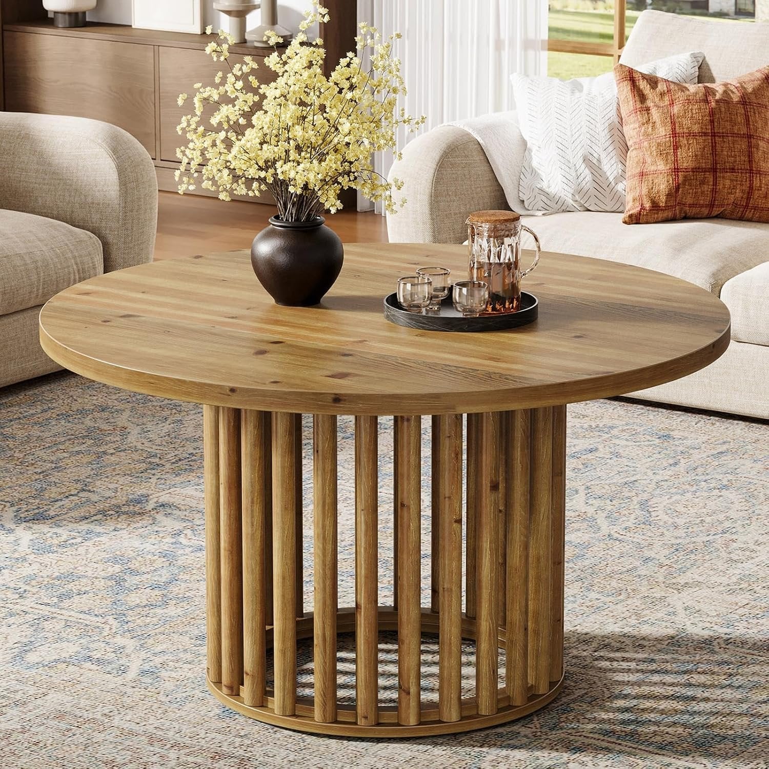 Rustic Charm 31.5-Inch Round Coffee Table, Solid Wood Farmhouse Center Table with Hollow Base