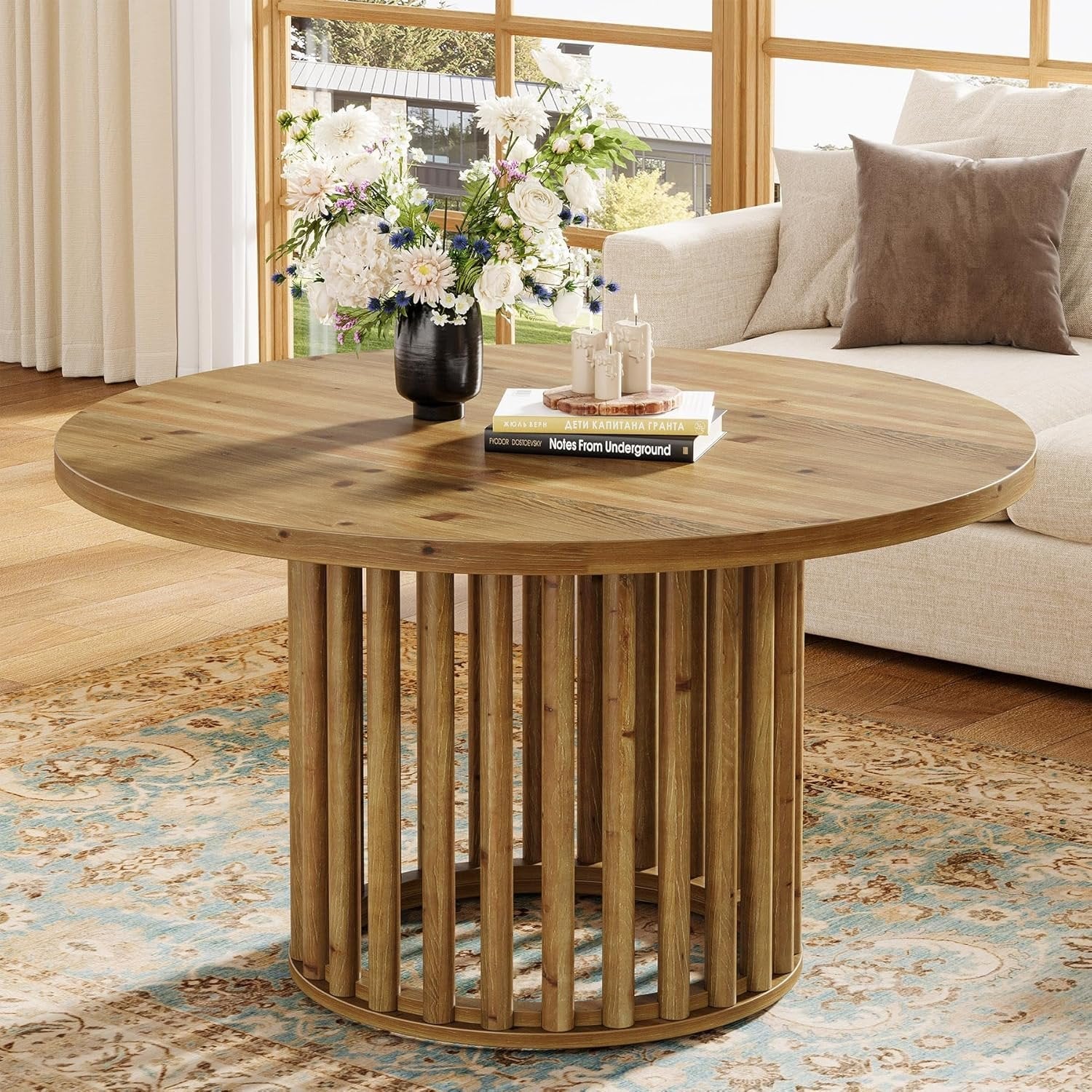 Rustic Charm 31.5-Inch Round Coffee Table, Solid Wood Farmhouse Center Table with Hollow Base