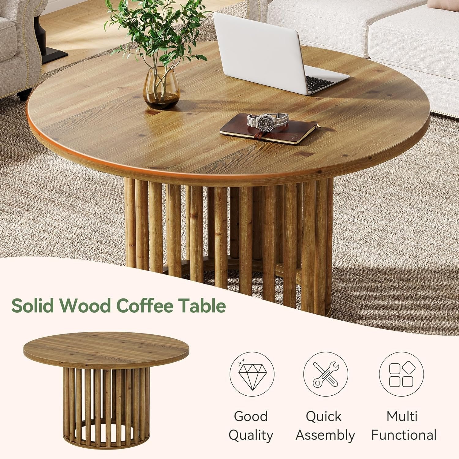 Rustic Charm 31.5-Inch Round Coffee Table, Solid Wood Farmhouse Center Table with Hollow Base