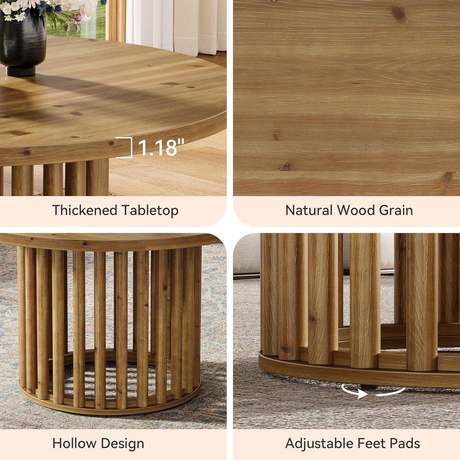 Rustic Charm 31.5-Inch Round Coffee Table, Solid Wood Farmhouse Center Table with Hollow Base