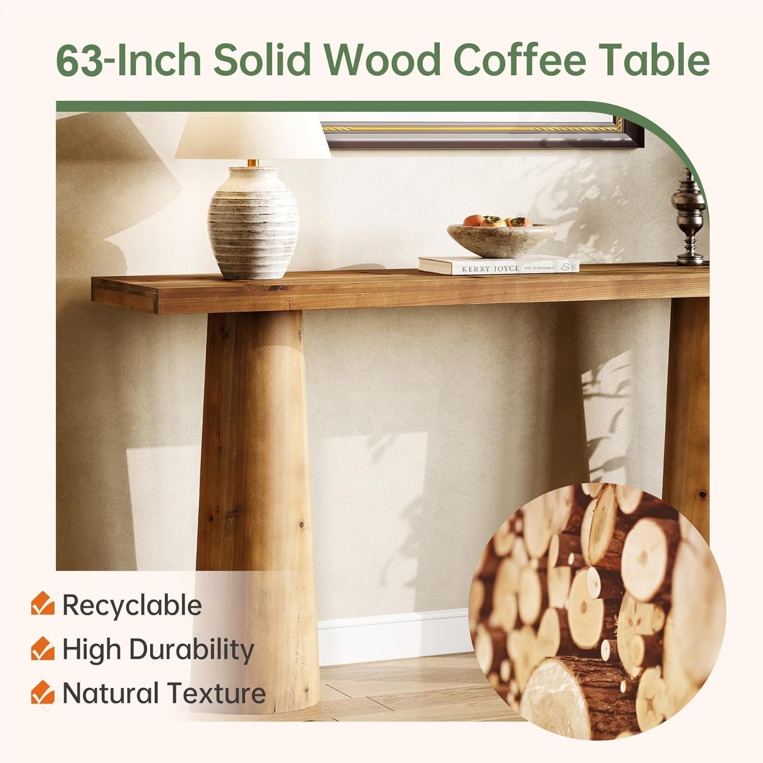 63-Inch Farmhouse Console Table, Solid Wood Hallway Entry Table for Living Room