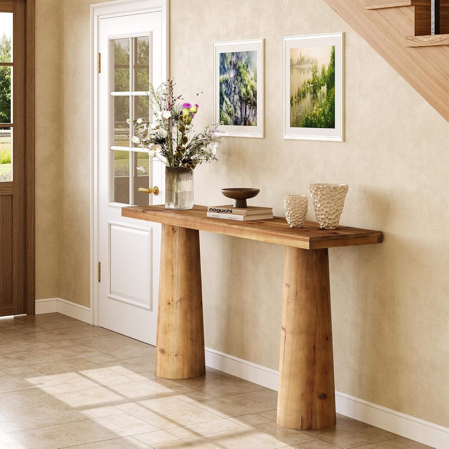 63-Inch Farmhouse Console Table, Solid Wood Hallway Entry Table for Living Room