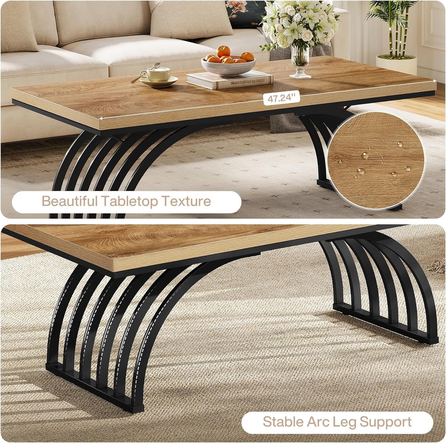 47-Inch Wood Coffee Table, Rustic Rectangular Center Table