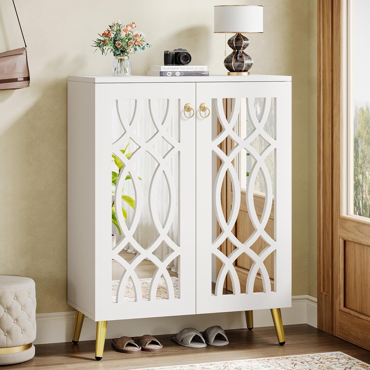 5-Tier Mirrored Shoe Cabinet, White Modern Shoe Organizer with Doors for Entrance or Bedroom