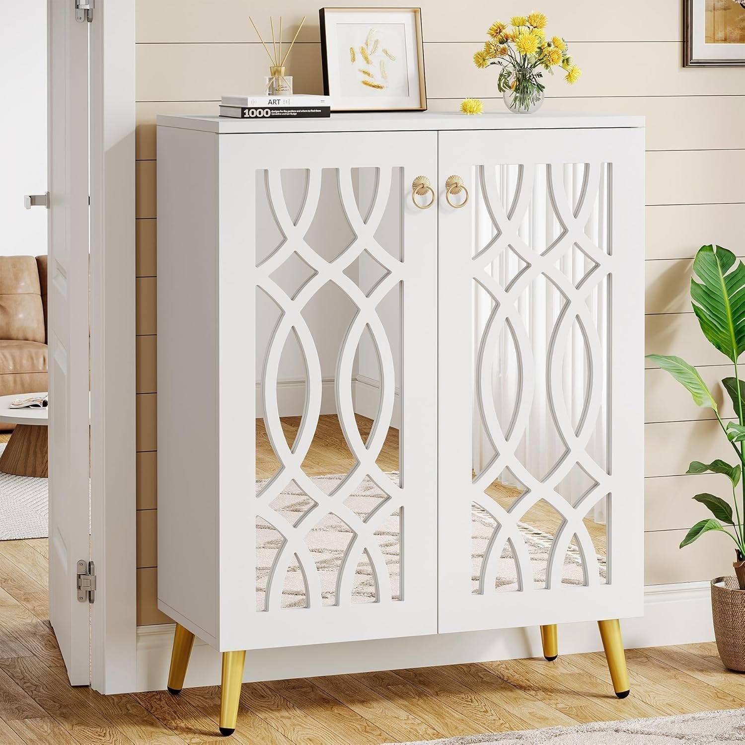 5-Tier Mirrored Shoe Cabinet, White Modern Shoe Organizer with Doors for Entrance or Bedroom