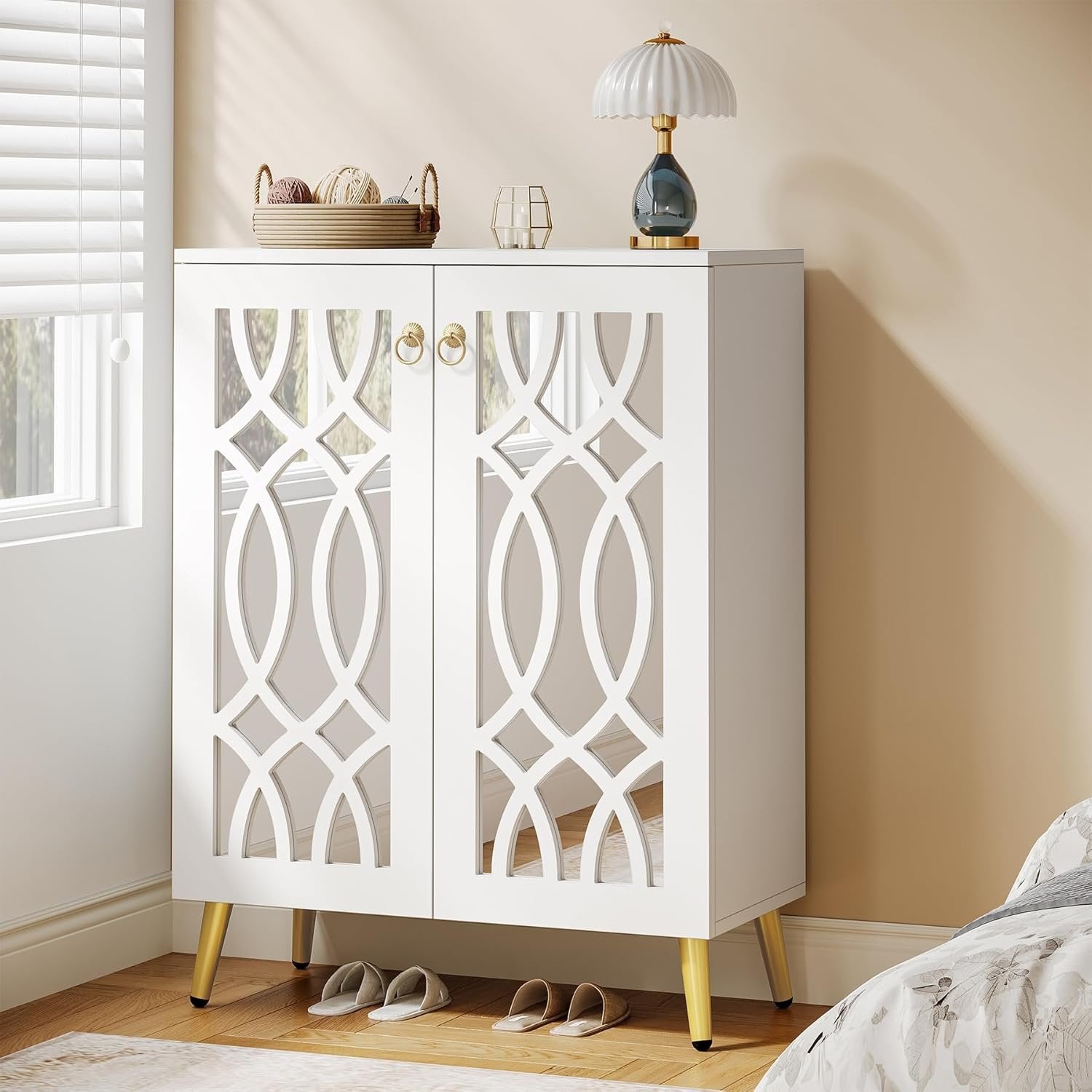 5-Tier Mirrored Shoe Cabinet, White Modern Shoe Organizer with Doors for Entrance or Bedroom