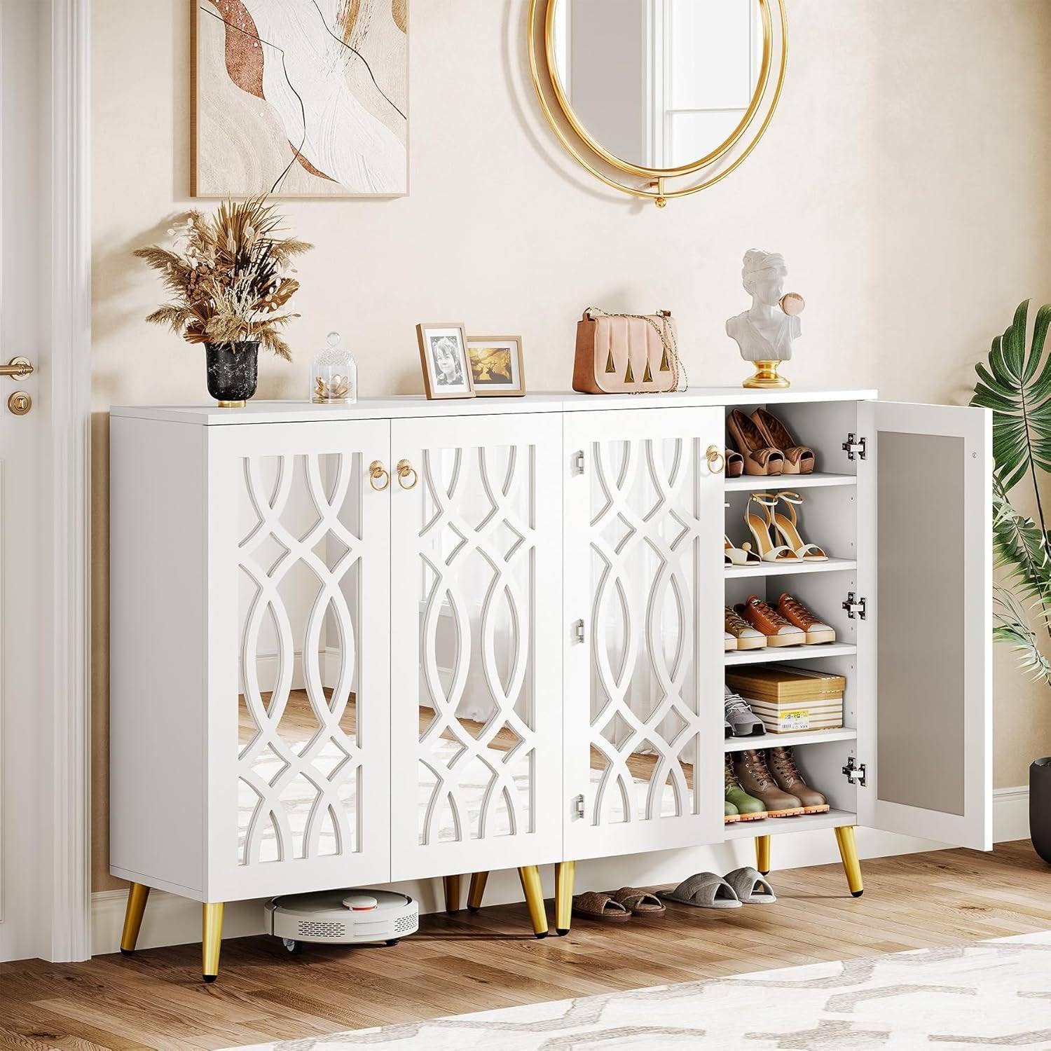 5-Tier Mirrored Shoe Cabinet, White Modern Shoe Organizer with Doors for Entrance or Bedroom
