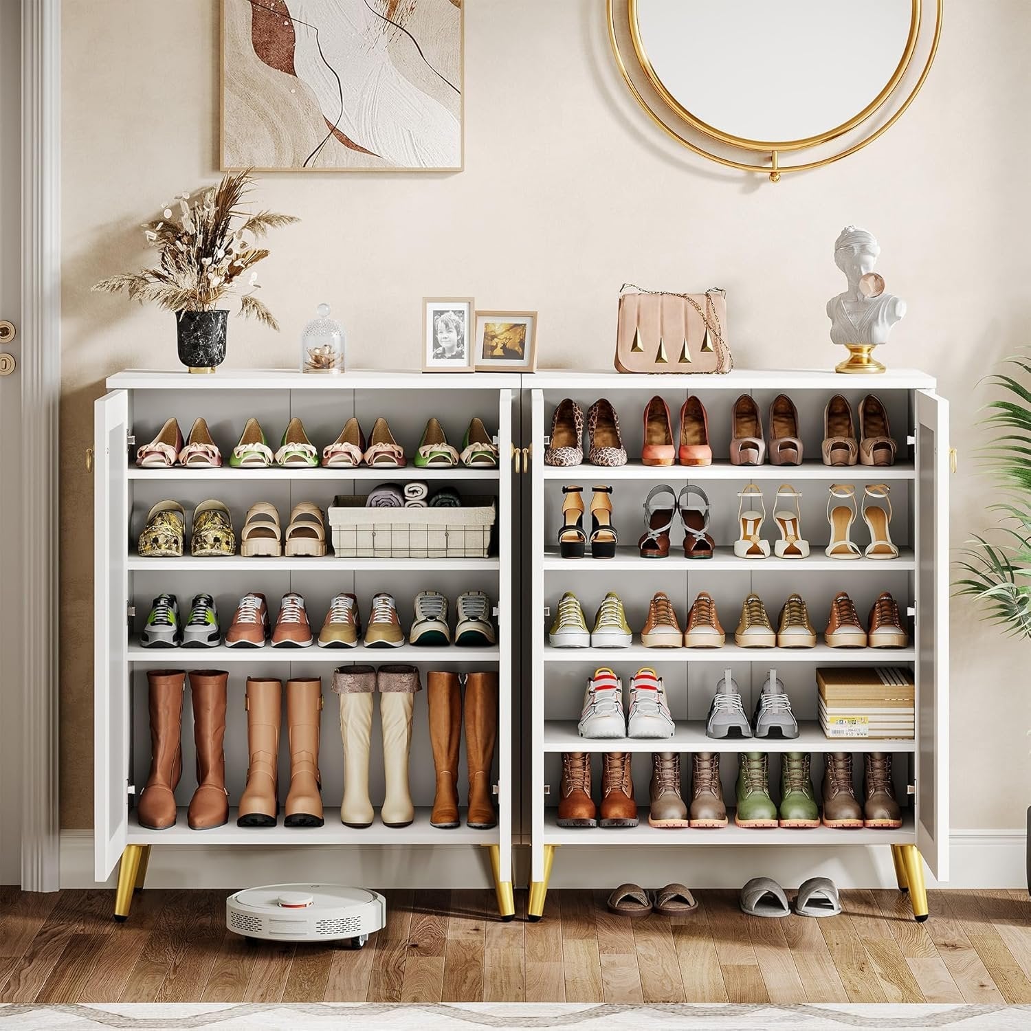 5-Tier Mirrored Shoe Cabinet, White Modern Shoe Organizer with Doors for Entrance or Bedroom