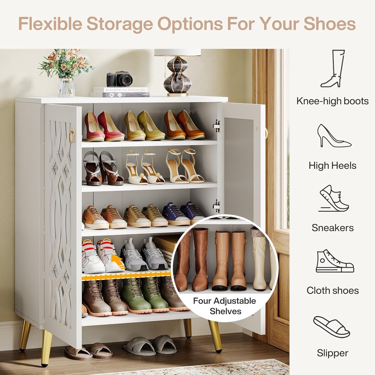 5-Tier Mirrored Shoe Cabinet, White Modern Shoe Organizer with Doors for Entrance or Bedroom