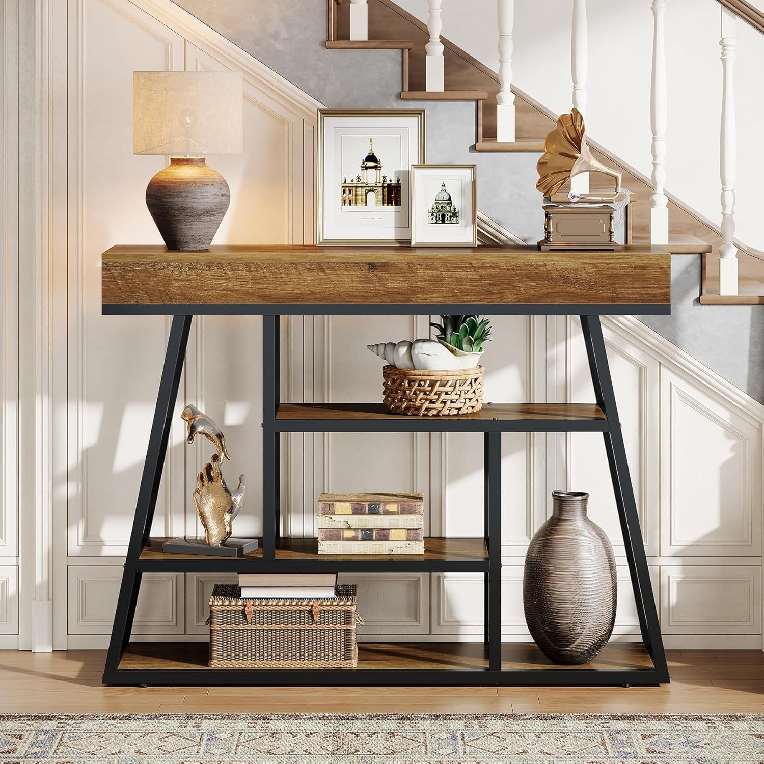 Industrial Rustic Console with 4-Tier Storage, 41.3" Narrow Sofa Table for Entryway & Living Room