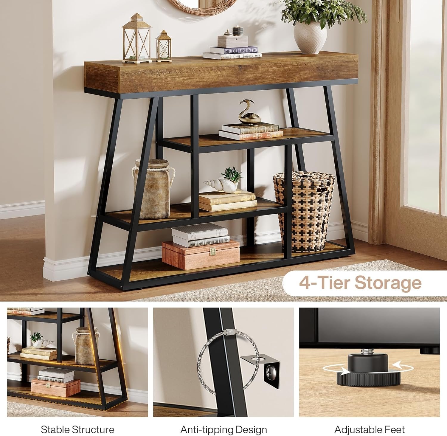 Industrial Rustic Console with 4-Tier Storage, 41.3" Narrow Sofa Table for Entryway & Living Room