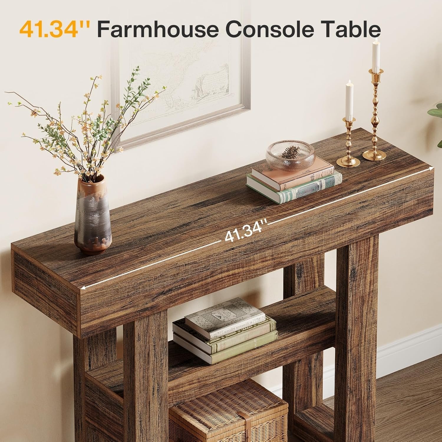 41.34" Console Table with 2 Tier Storage, Rustic Narrow Entryway Sofa Table for Hallway
