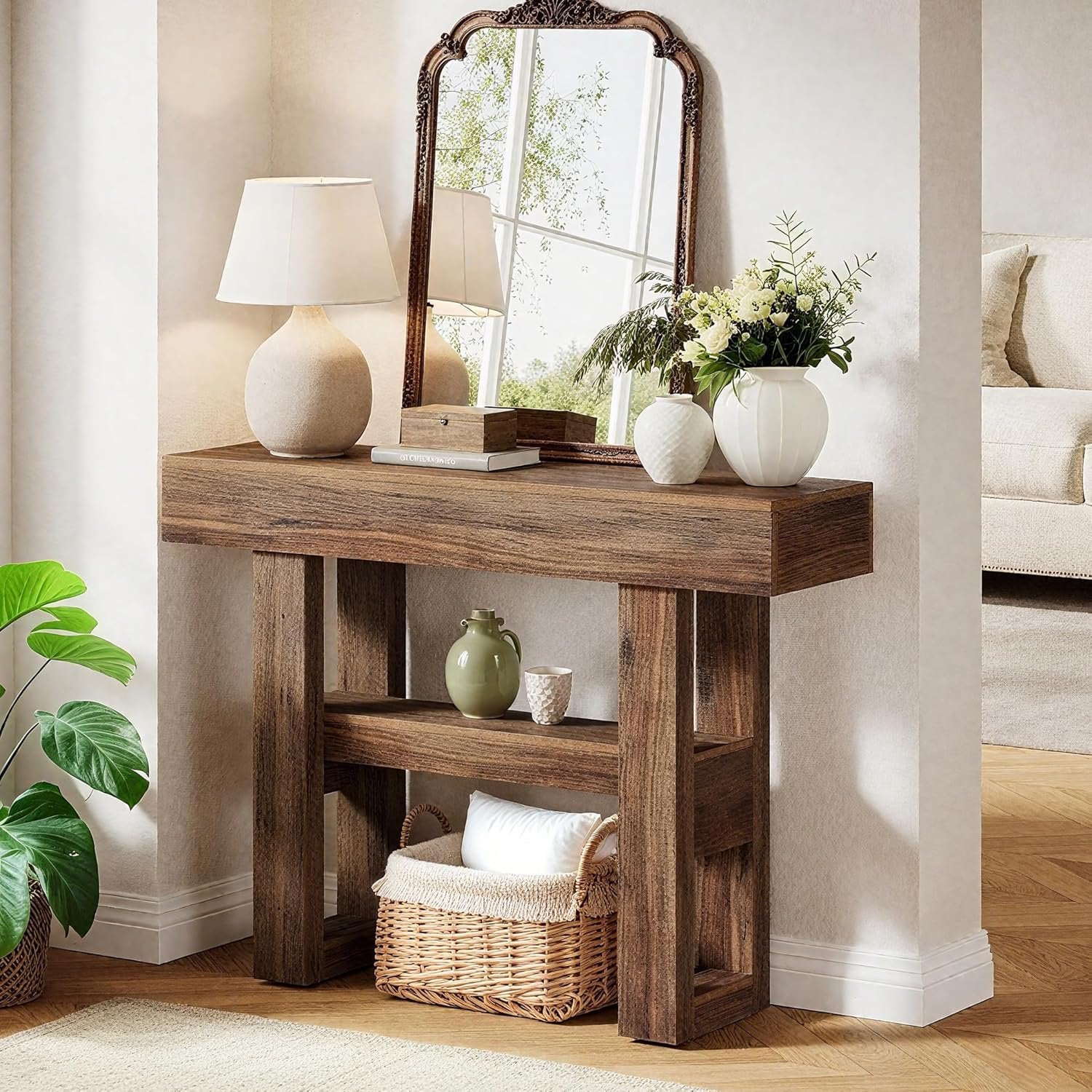 41.34" Console Table with 2 Tier Storage, Rustic Narrow Entryway Sofa Table for Hallway