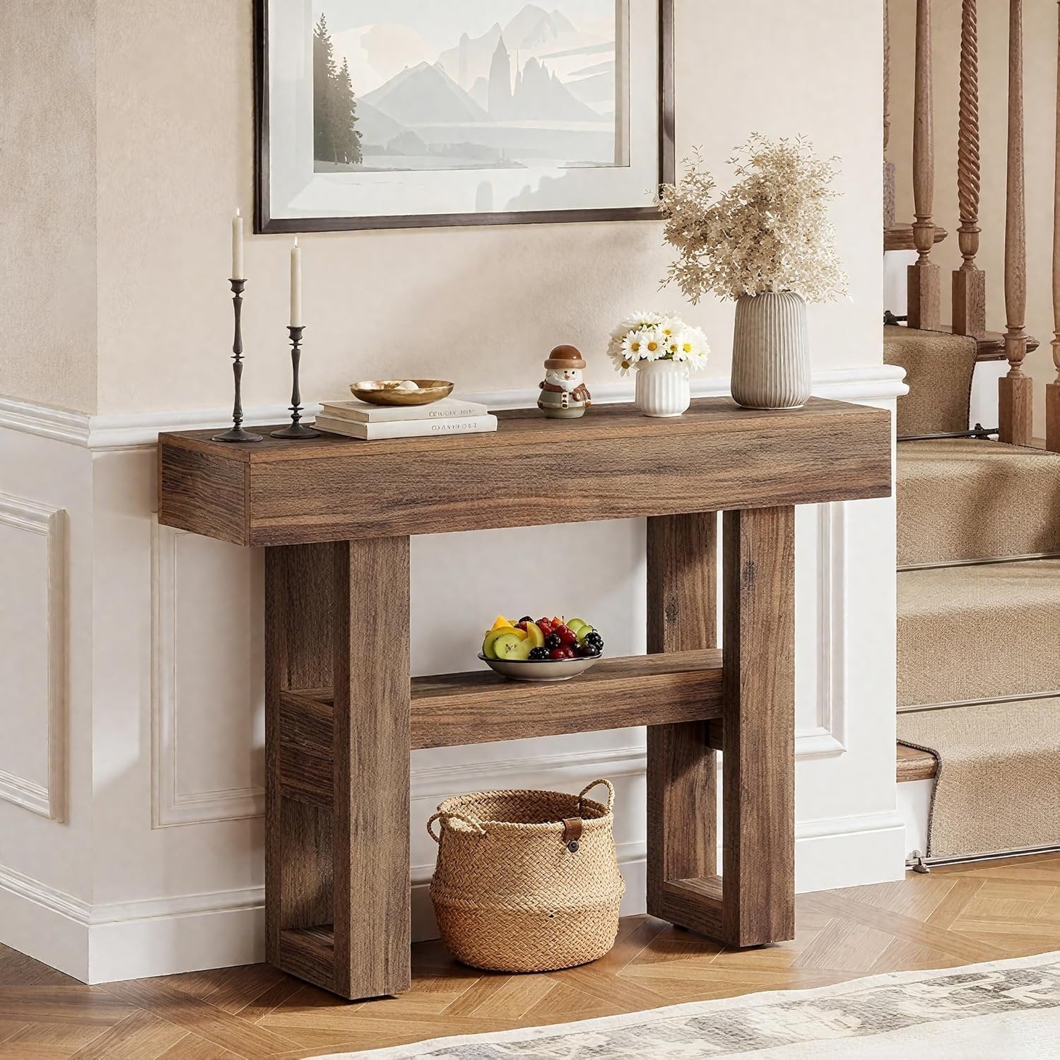 41.34" Console Table with 2 Tier Storage, Rustic Narrow Entryway Sofa Table for Hallway