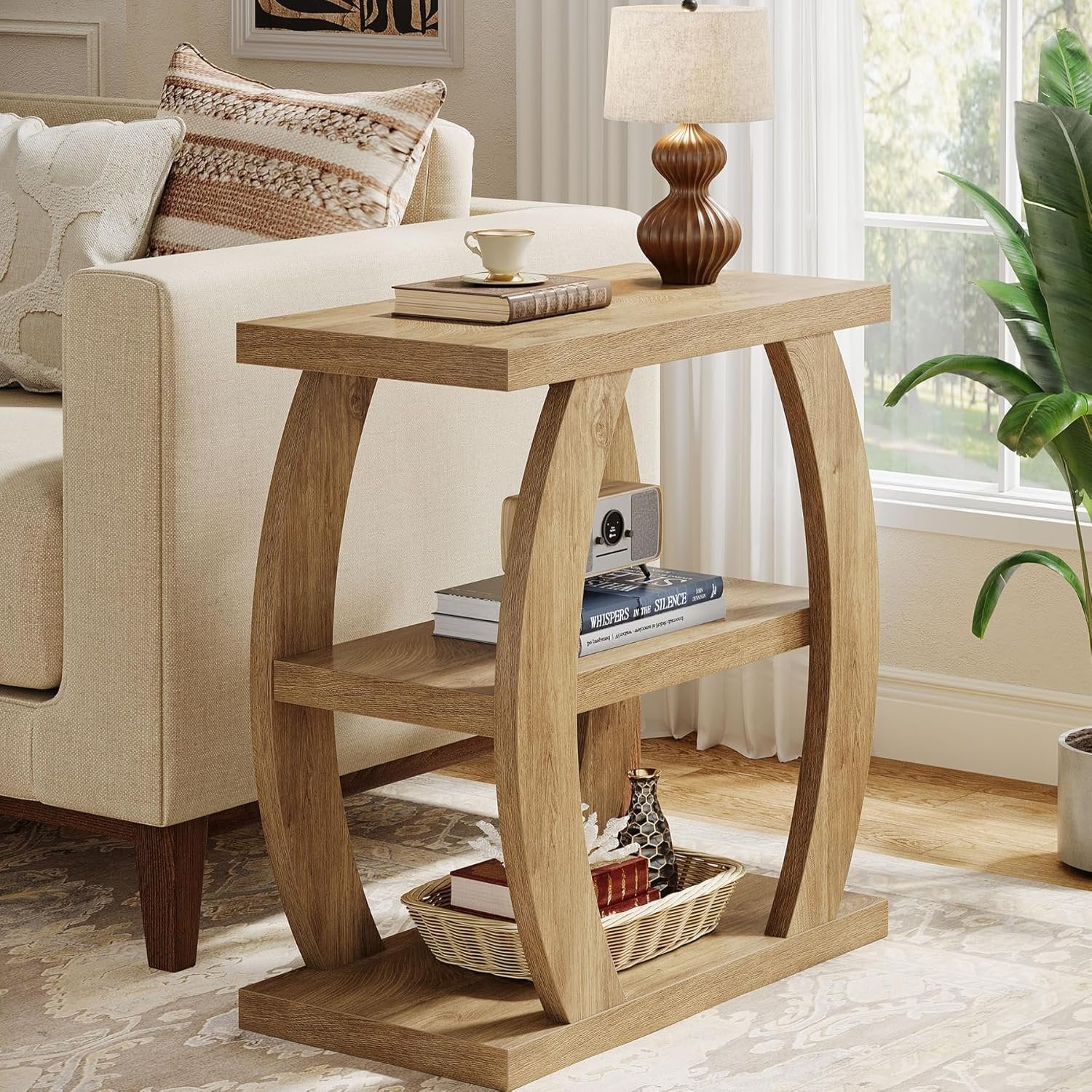 Farmhouse Geometric Side Table, Three-Tier Narrow Storage for Small Spaces