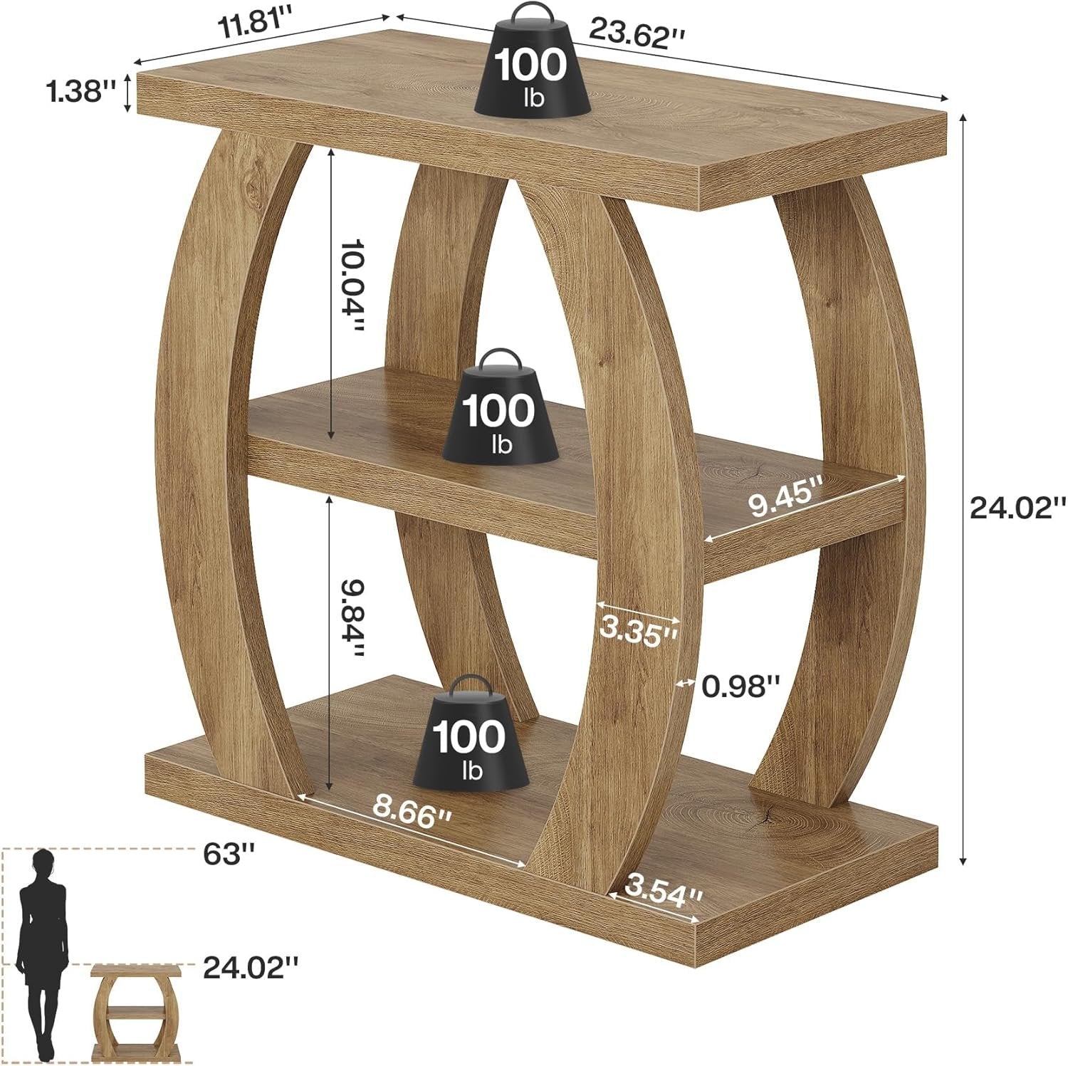 Farmhouse Geometric Side Table, Three-Tier Narrow Storage for Small Spaces