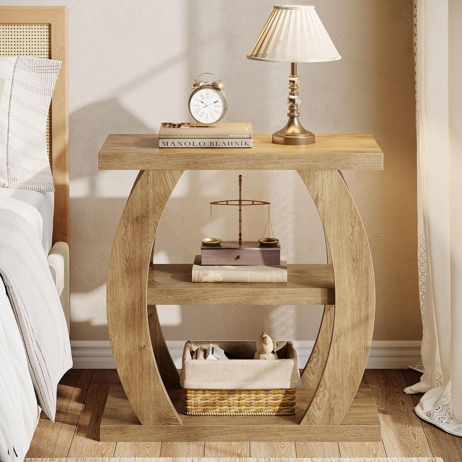 Farmhouse Geometric Side Table, Three-Tier Narrow Storage for Small Spaces