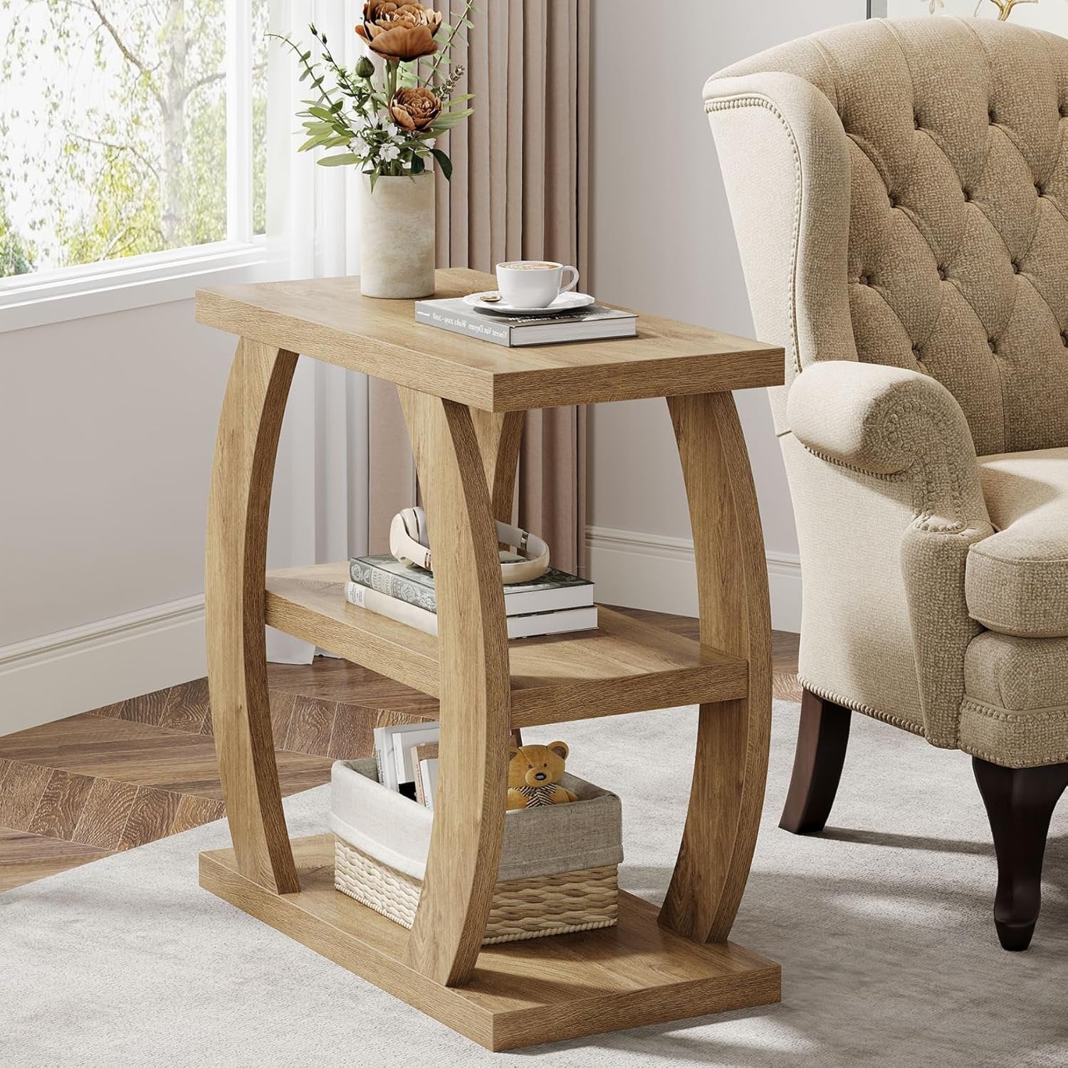 Farmhouse Geometric Side Table, Three-Tier Narrow Storage for Small Spaces