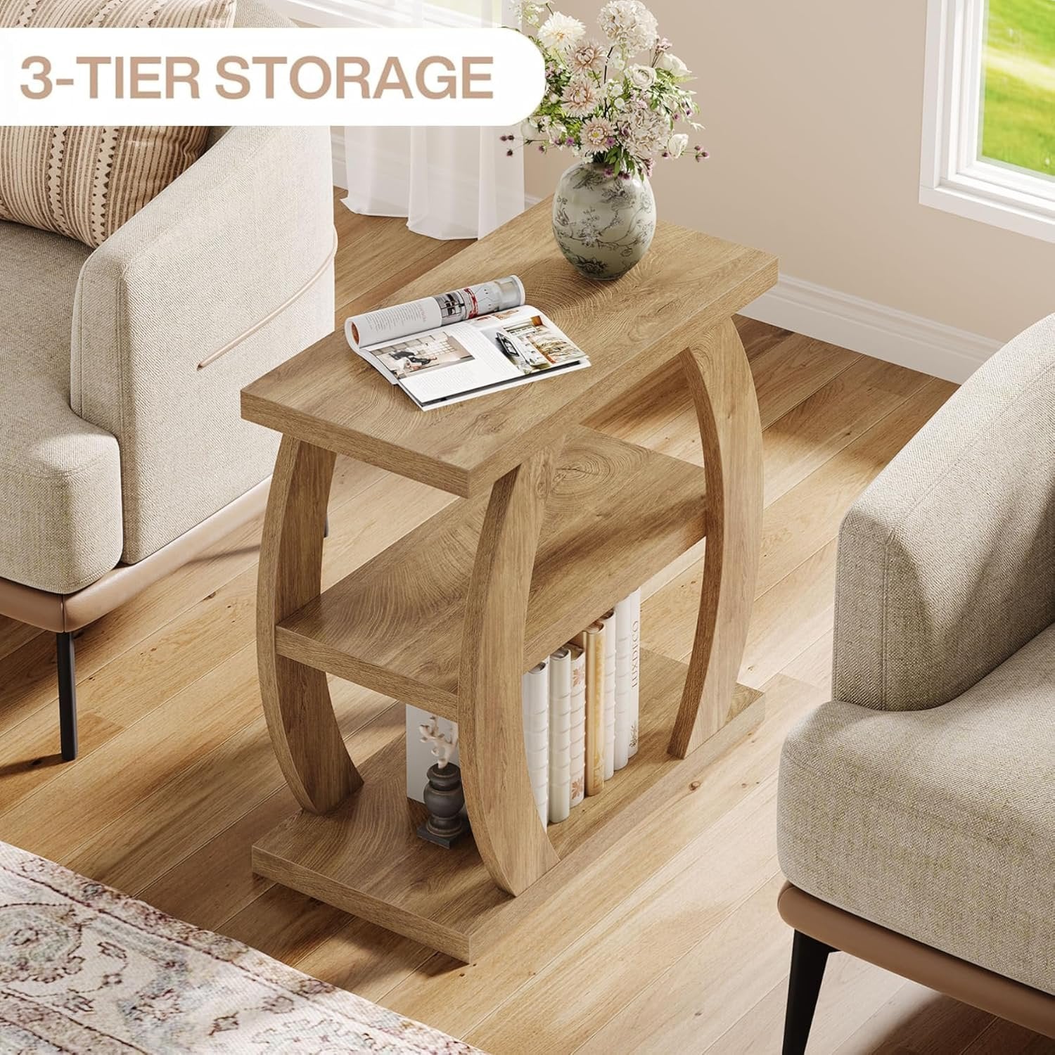 Farmhouse Geometric Side Table, Three-Tier Narrow Storage for Small Spaces