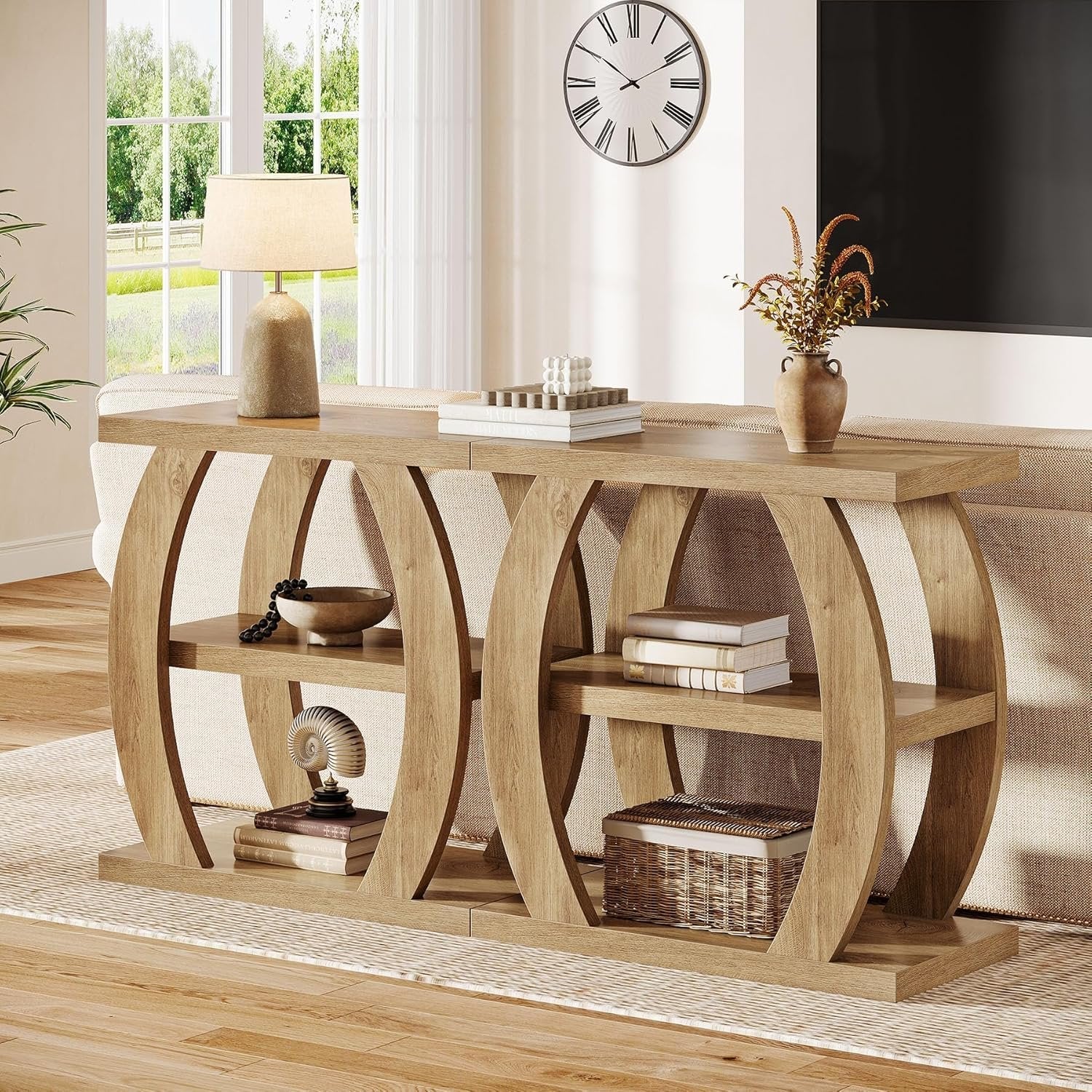 Farmhouse Geometric Side Table, Three-Tier Narrow Storage for Small Spaces