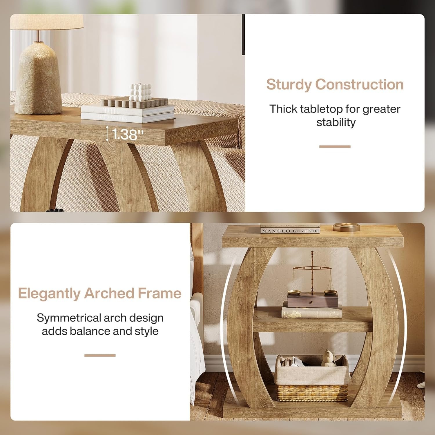 Farmhouse Geometric Side Table, Three-Tier Narrow Storage for Small Spaces