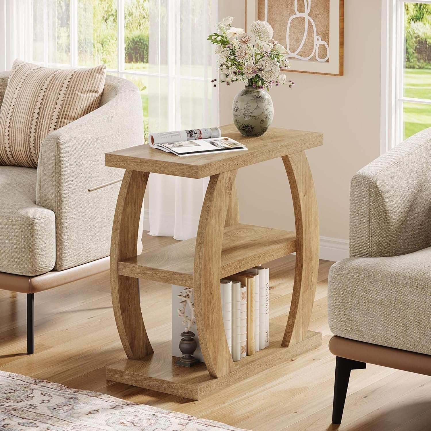 Farmhouse Geometric Side Table, Three-Tier Narrow Storage for Small Spaces