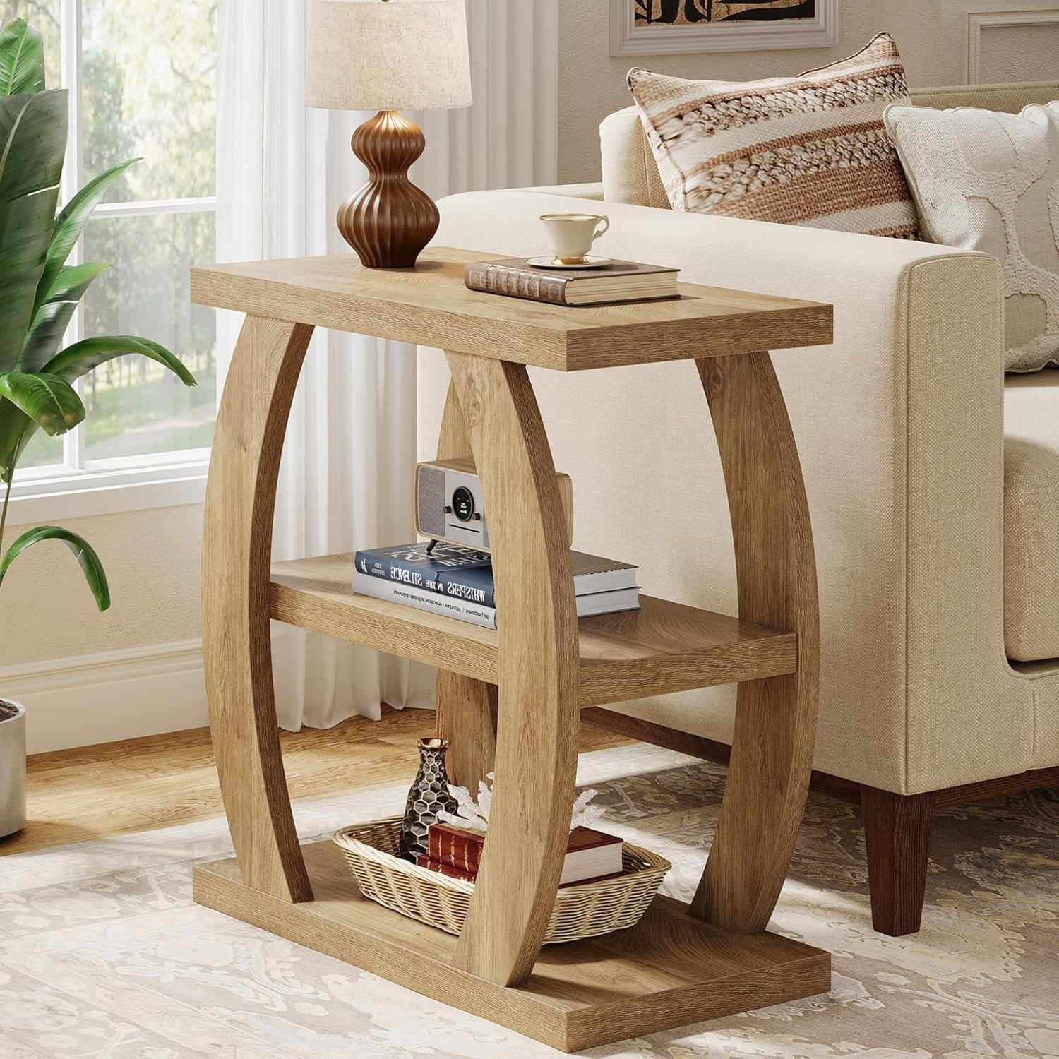 Farmhouse Geometric Side Table, Three-Tier Narrow Storage for Small Spaces