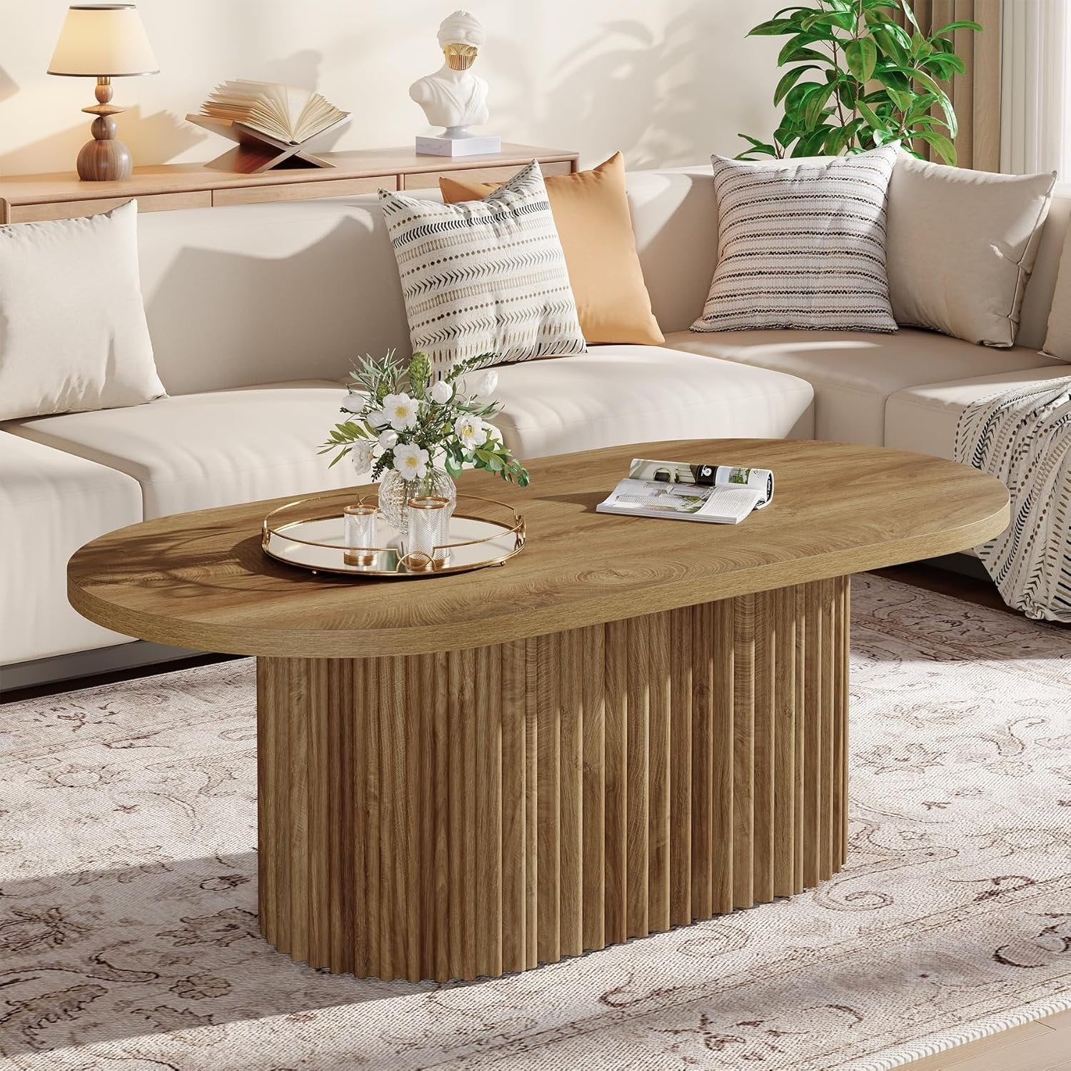 47.2" Oval Coffee Table, Farmhouse Wooden Center Table with Fluted Design for Living Room