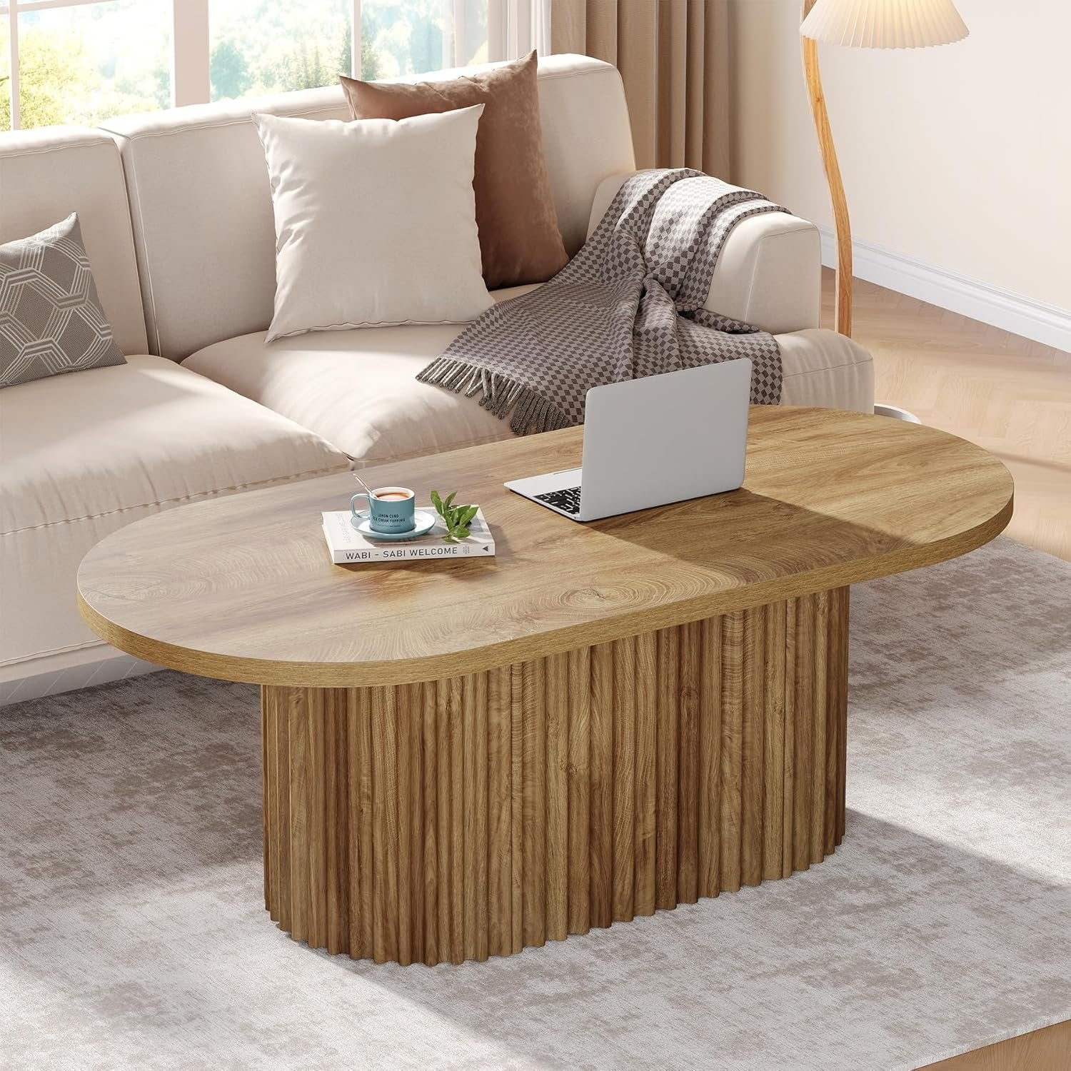 47.2" Oval Coffee Table, Farmhouse Wooden Center Table with Fluted Design for Living Room