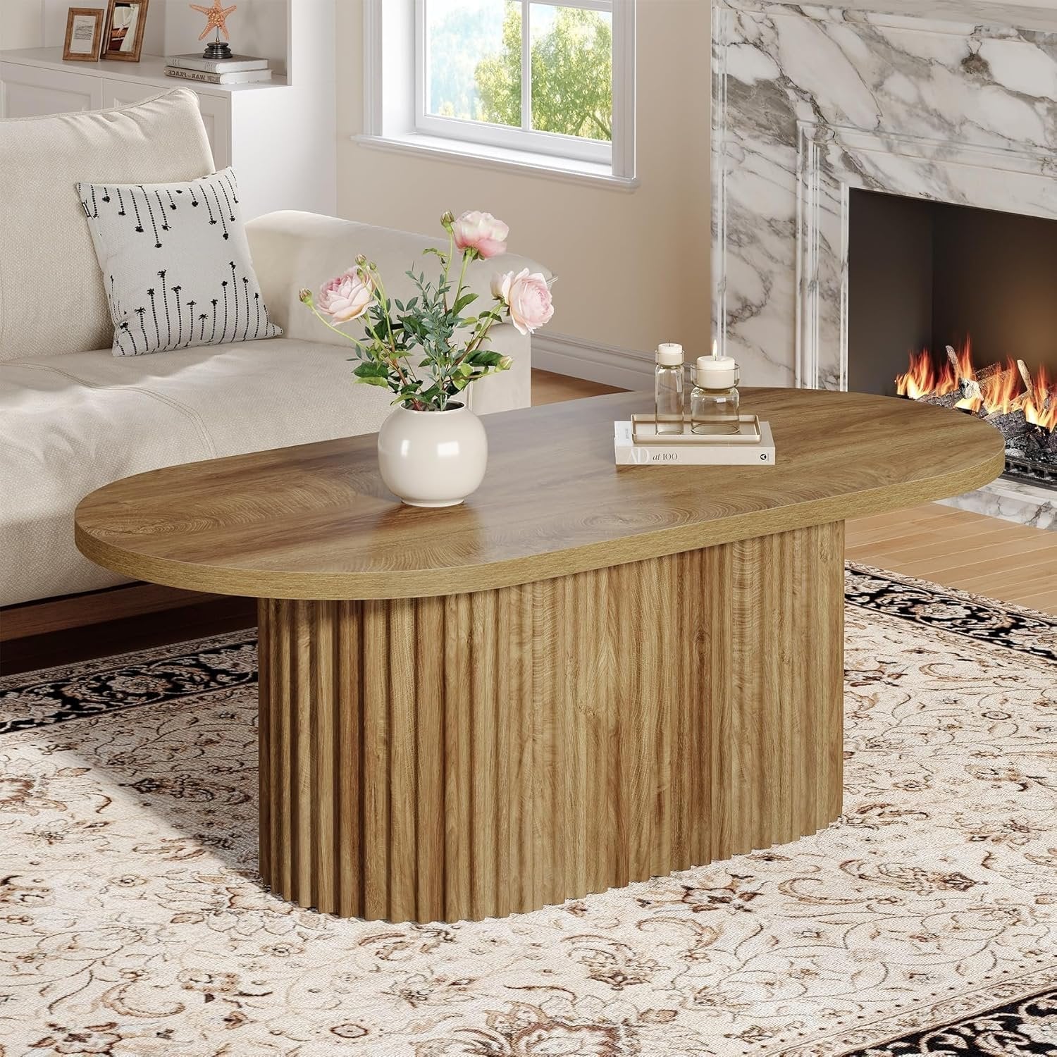 47.2" Oval Coffee Table, Farmhouse Wooden Center Table with Fluted Design for Living Room