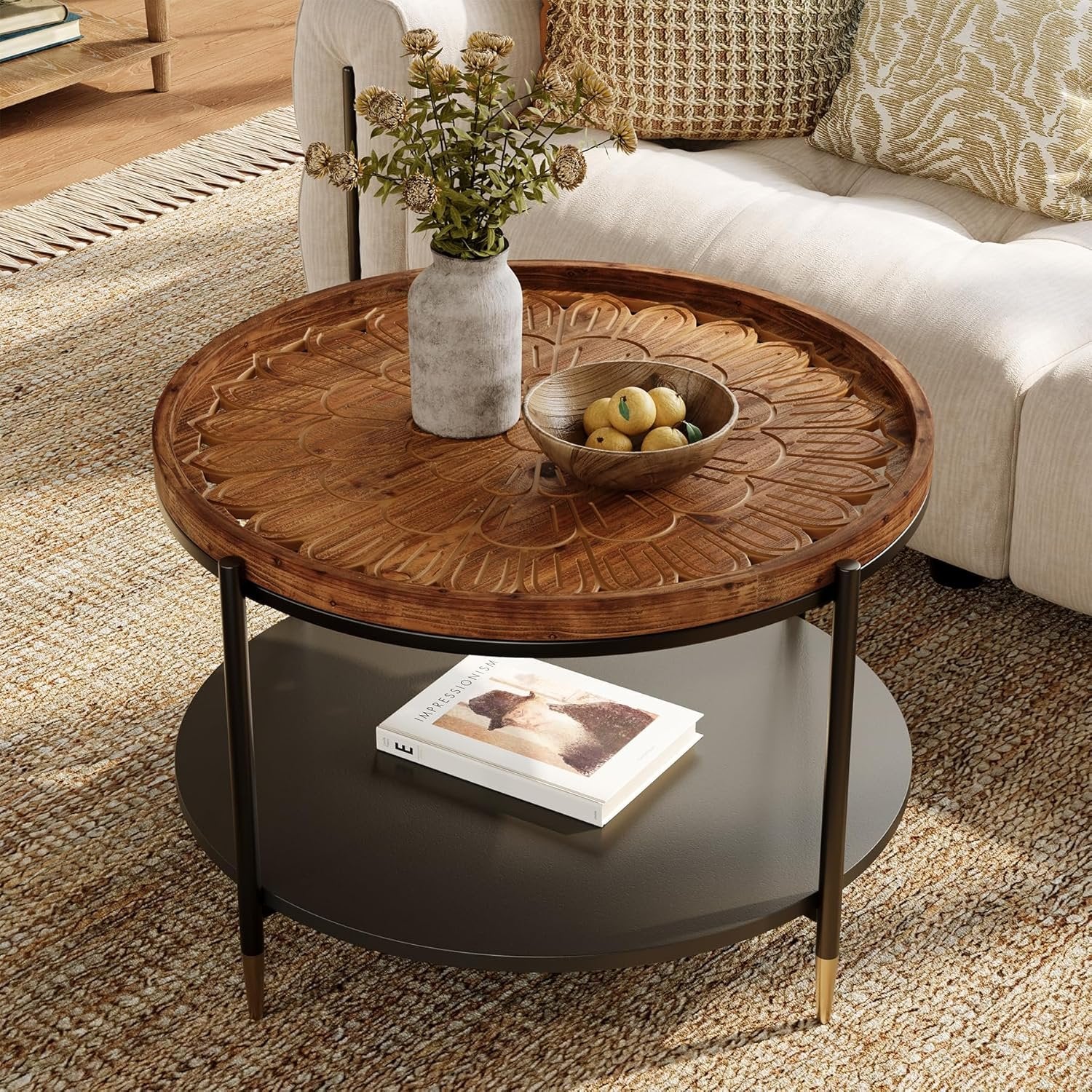 Boho Solid Wood Round Coffee Table, 31.5 Inch with Metal Storage Shelf for Compact Living