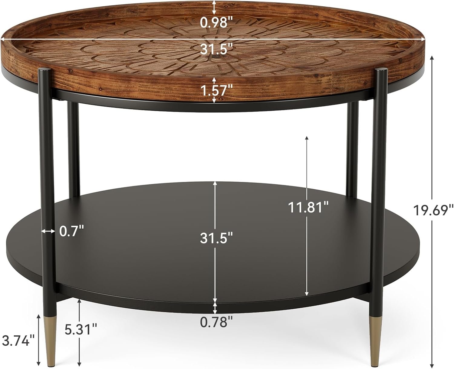 Boho Solid Wood Round Coffee Table, 31.5 Inch with Metal Storage Shelf for Compact Living