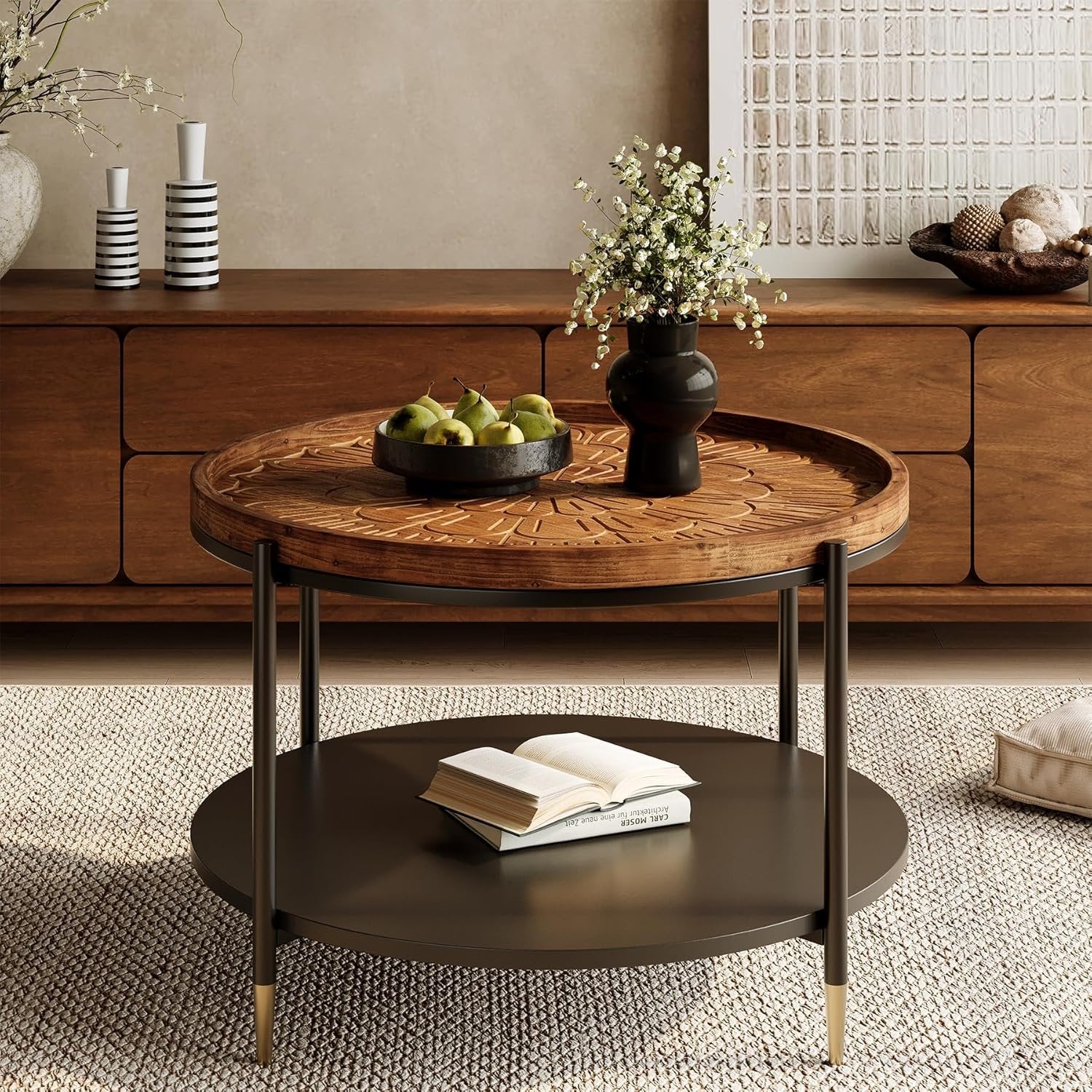 Boho Solid Wood Round Coffee Table, 31.5 Inch with Metal Storage Shelf for Compact Living