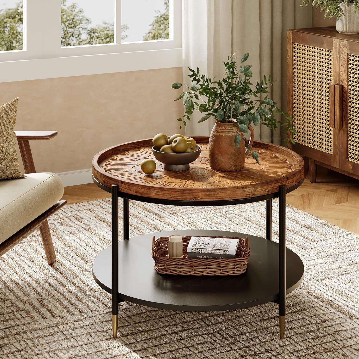 Boho Solid Wood Round Coffee Table, 31.5 Inch with Metal Storage Shelf for Compact Living