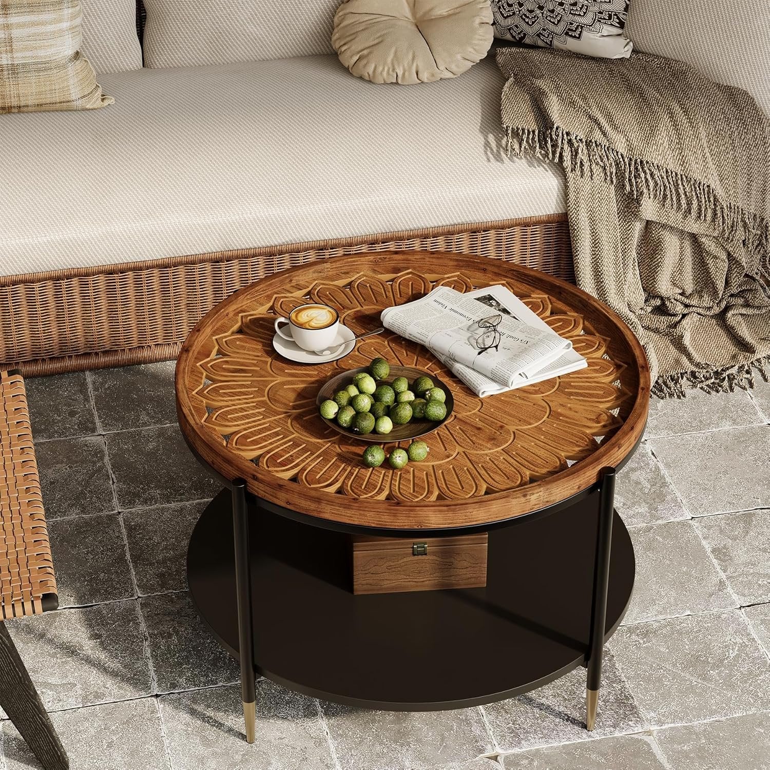 Boho Solid Wood Round Coffee Table, 31.5 Inch with Metal Storage Shelf for Compact Living