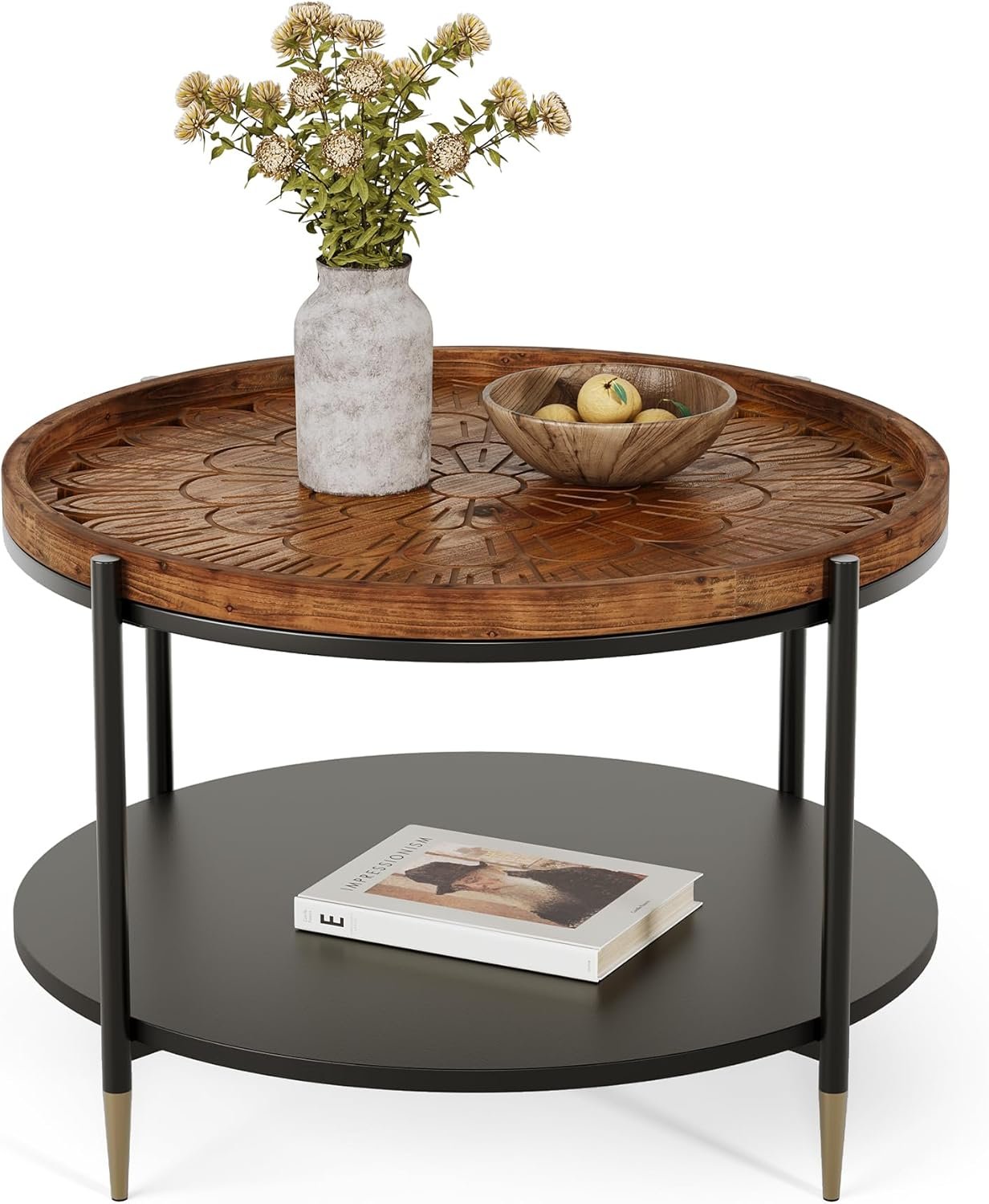 Boho Solid Wood Round Coffee Table, 31.5 Inch with Metal Storage Shelf for Compact Living