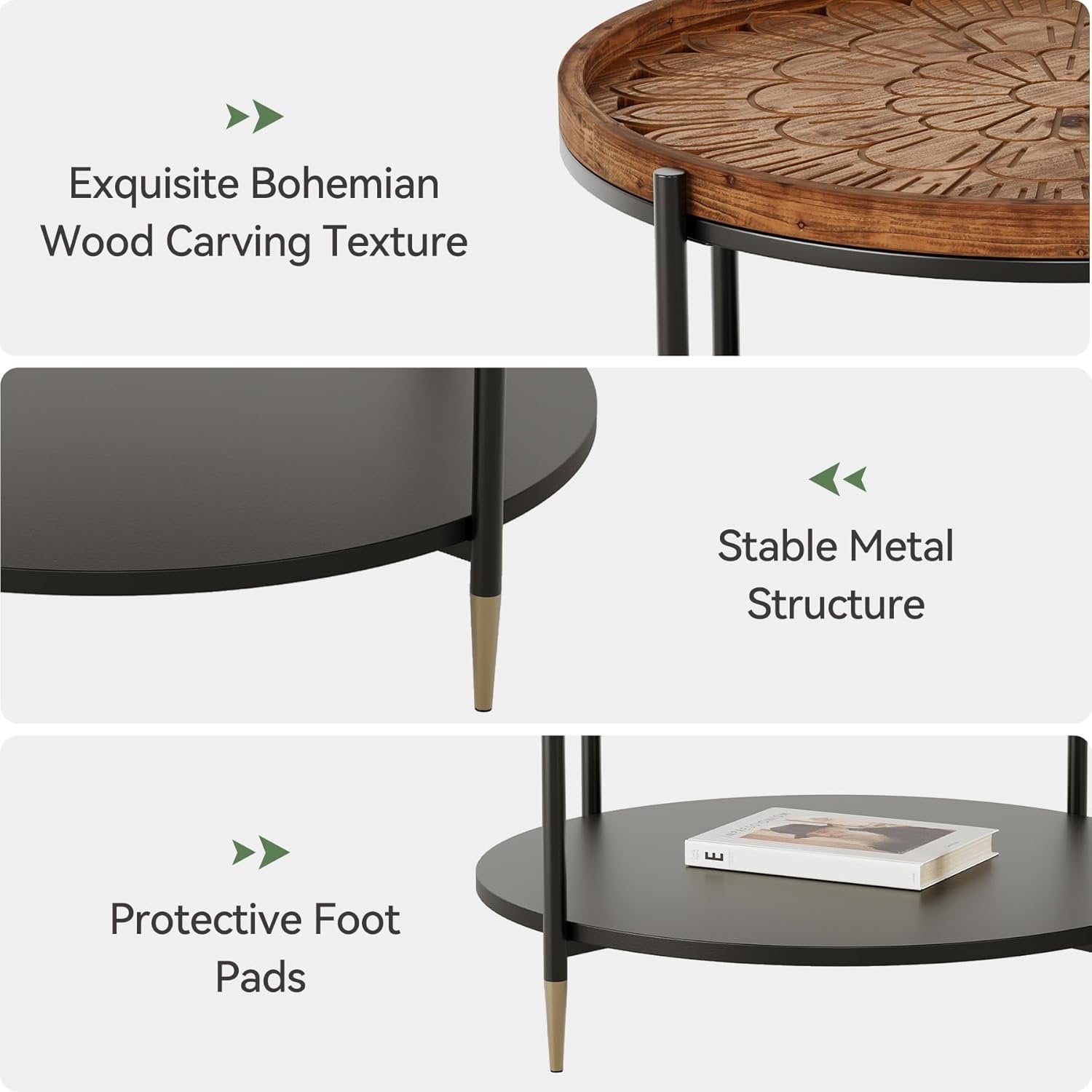 Boho Solid Wood Round Coffee Table, 31.5 Inch with Metal Storage Shelf for Compact Living