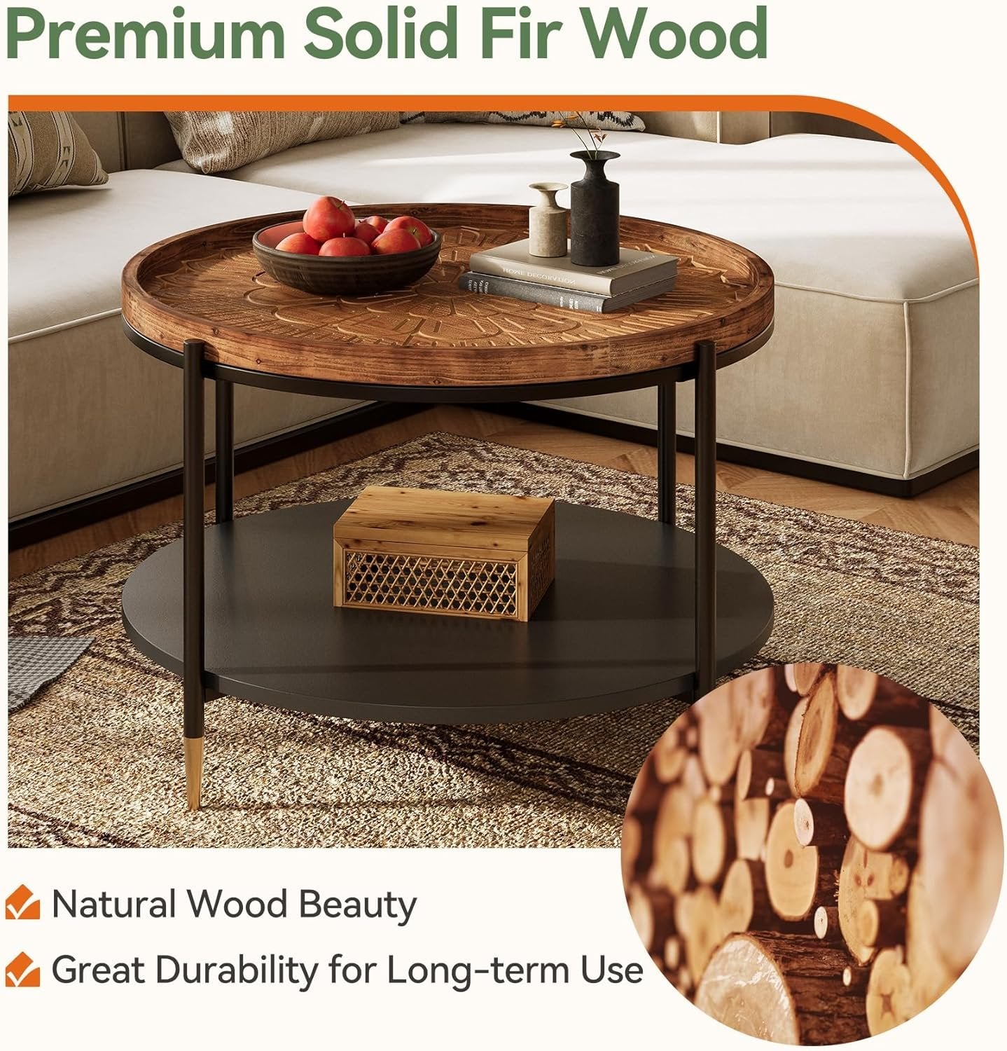 Boho Solid Wood Round Coffee Table, 31.5 Inch with Metal Storage Shelf for Compact Living