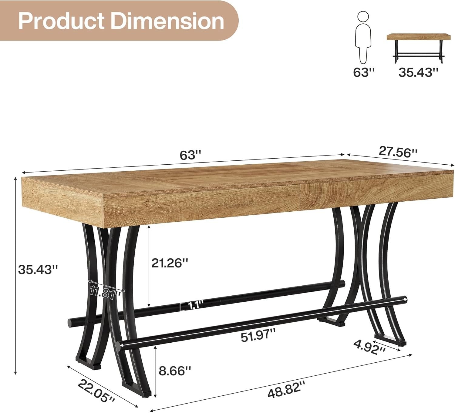 Tribesigns 63-Inch Counter Height Bar Table with Metal Footrest