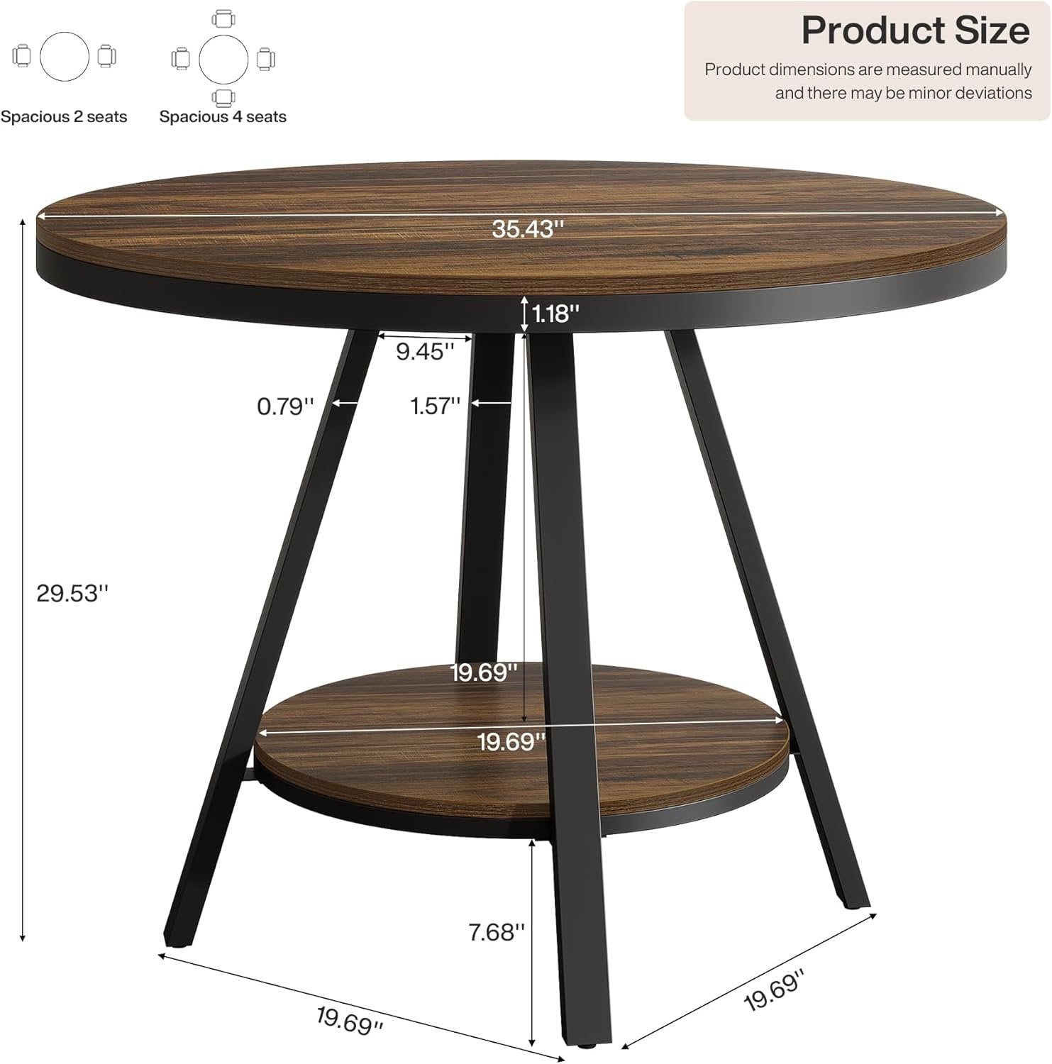 2-Tier Industrial Round Dining Table, Small 35-Inch Kitchen Table for 2-4 People