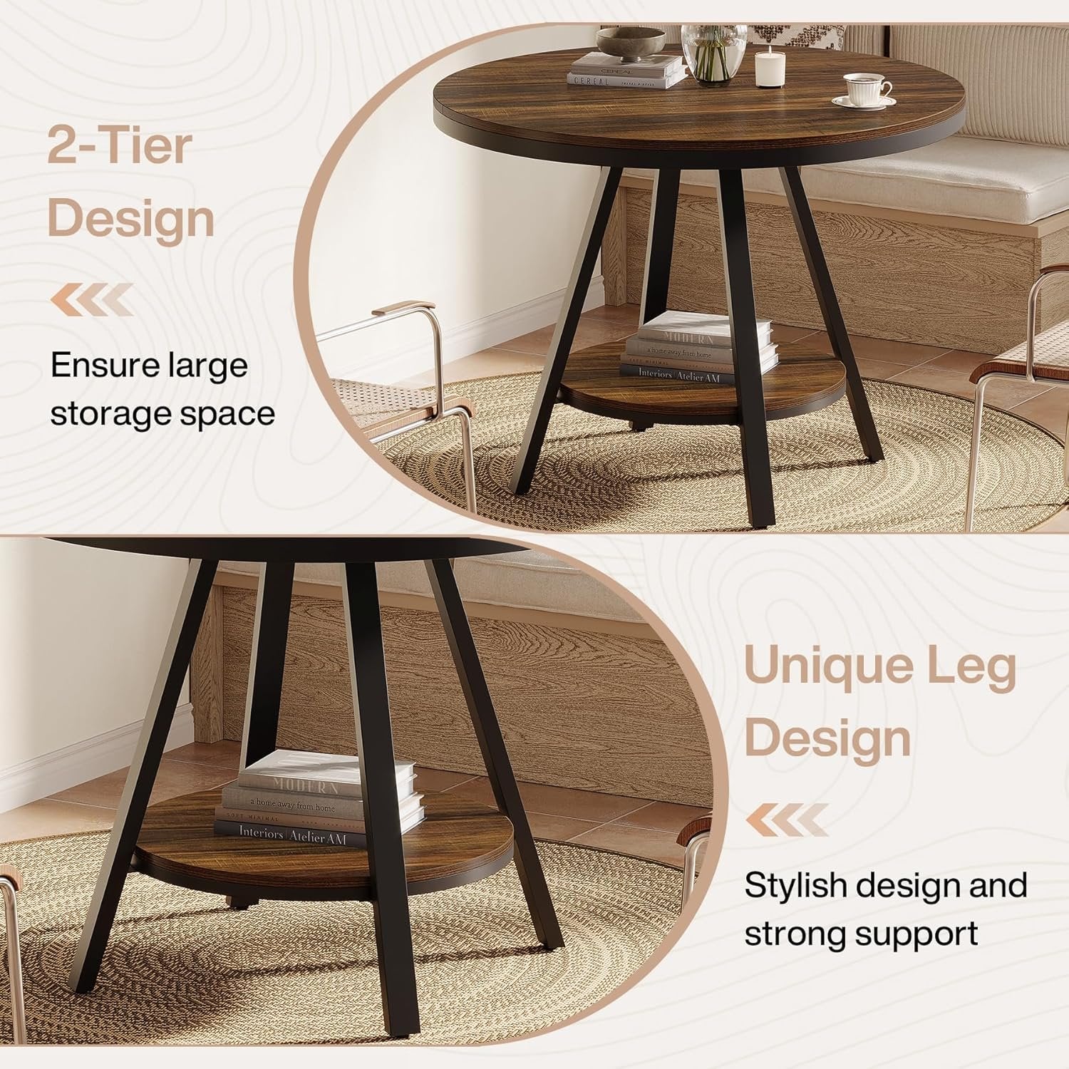 2-Tier Industrial Round Dining Table, Small 35-Inch Kitchen Table for 2-4 People