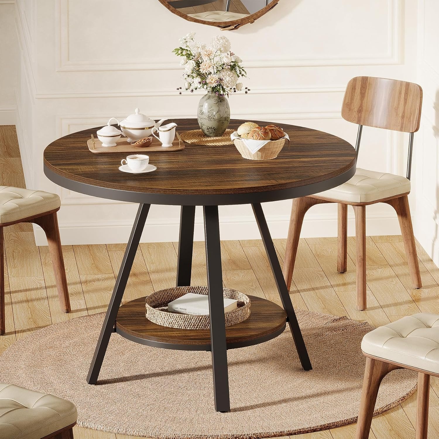 2-Tier Industrial Round Dining Table, Small 35-Inch Kitchen Table for 2-4 People