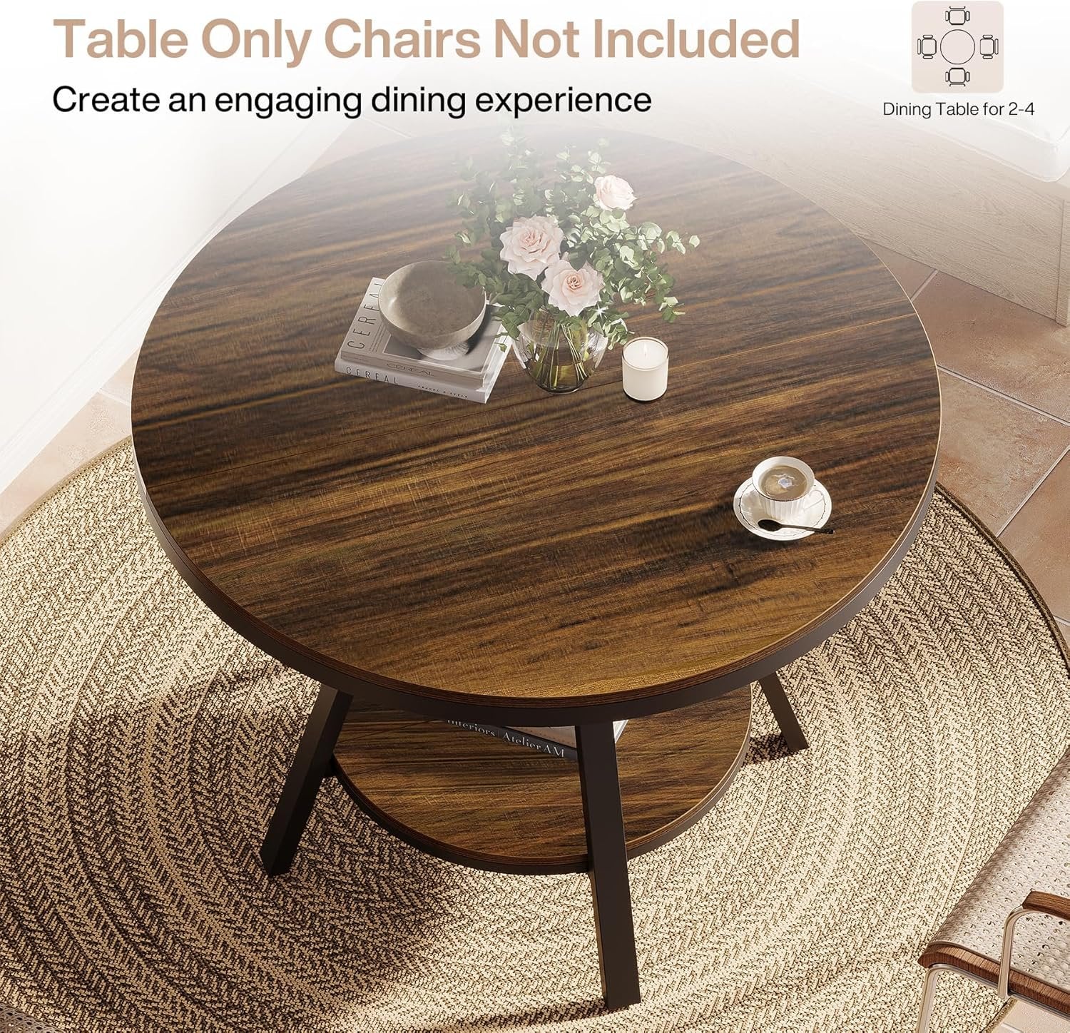 2-Tier Industrial Round Dining Table, Small 35-Inch Kitchen Table for 2-4 People