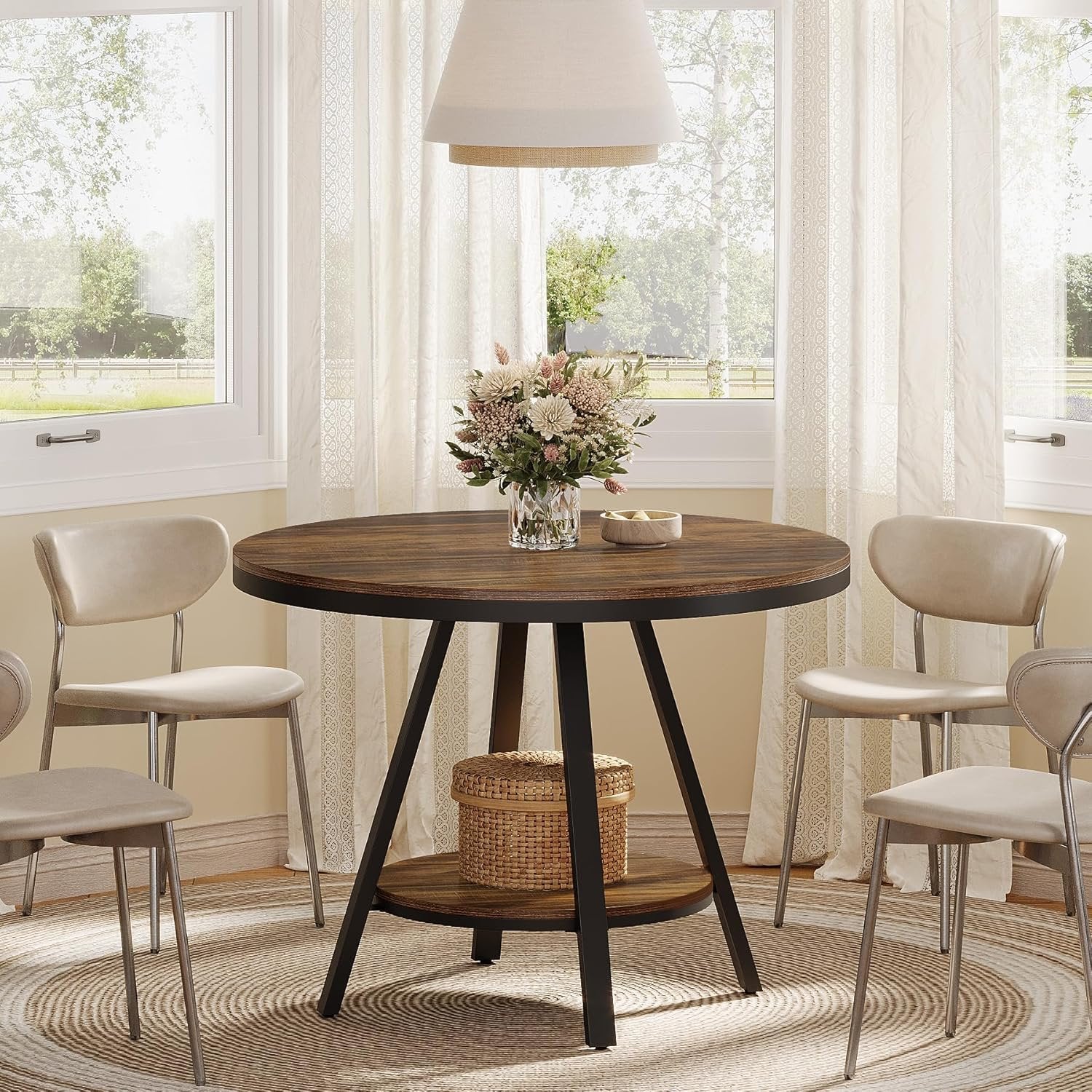 2-Tier Industrial Round Dining Table, Small 35-Inch Kitchen Table for 2-4 People