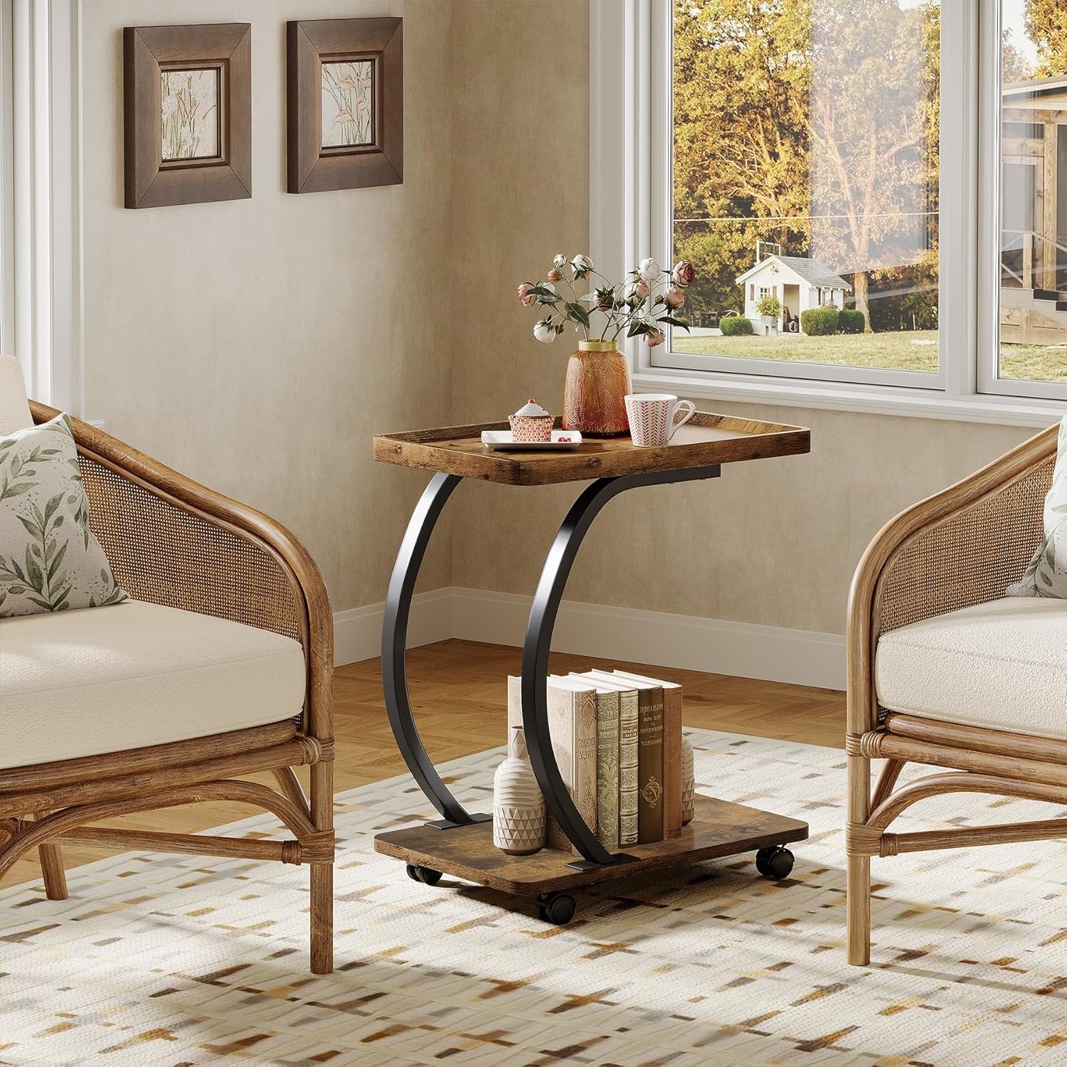 23.62-Inch Round Bar Table, High Top Cocktail Bistro Table with Metal Footrest for Small Spaces