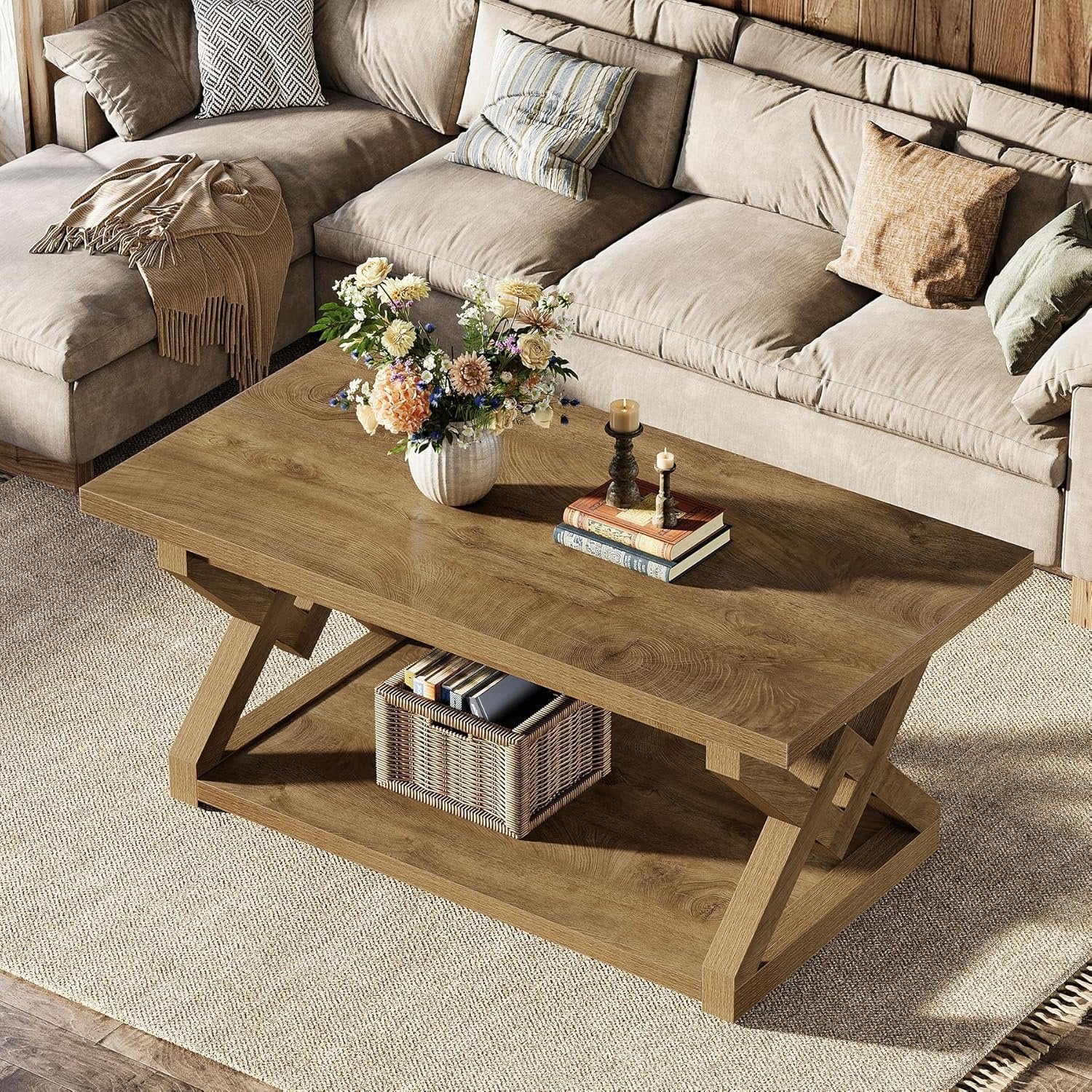 47.24-Inch 2-Tier Coffee Table for Living Room, Farmhouse Rectangle Table with Storage