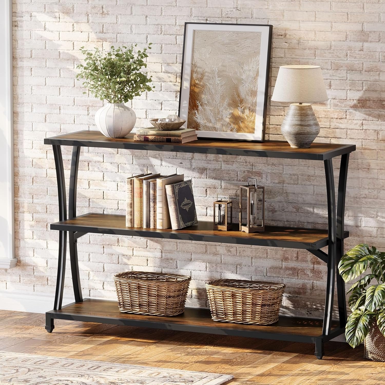 63" Industrial 3-Tier Console Table, Rustic Narrow Sofa Table with Storage Shelves