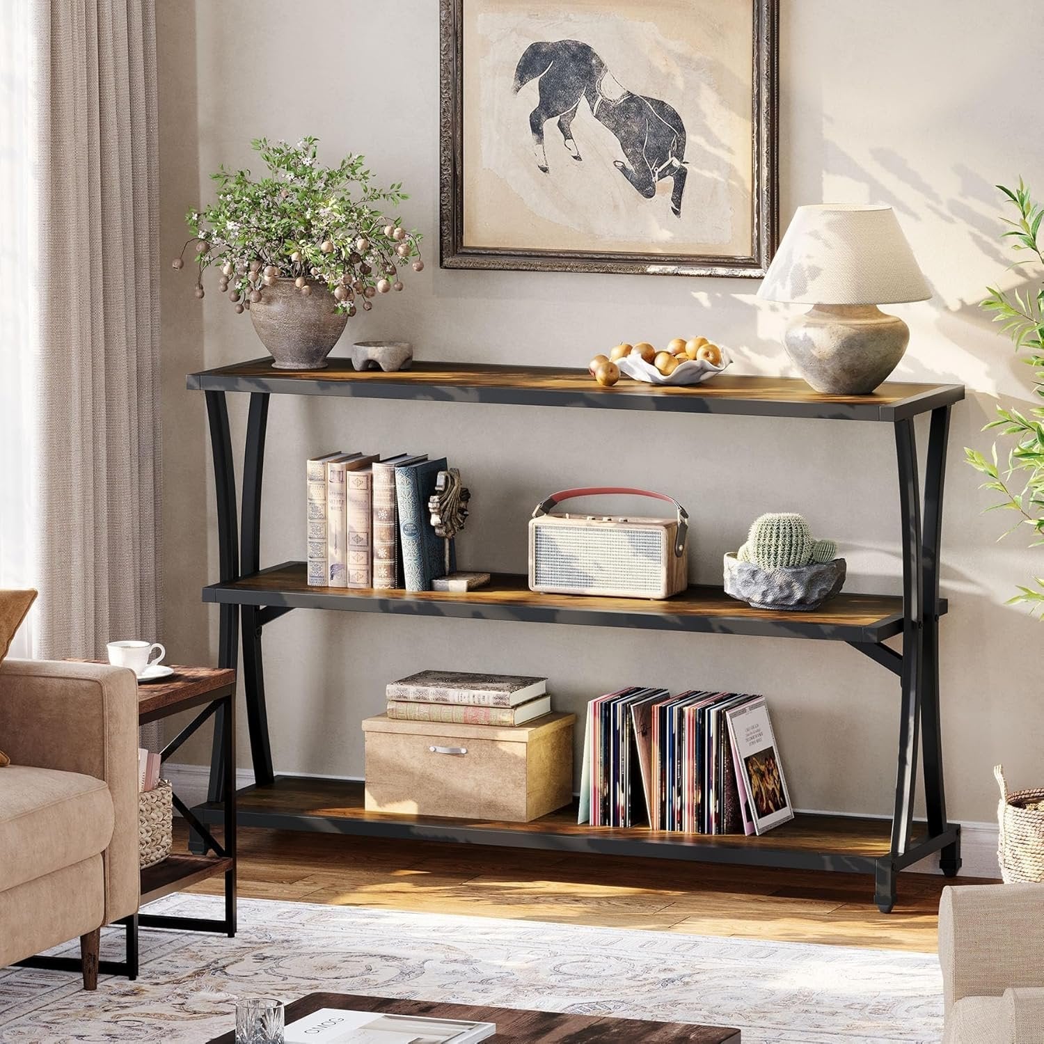 63" Industrial 3-Tier Console Table, Rustic Narrow Sofa Table with Storage Shelves