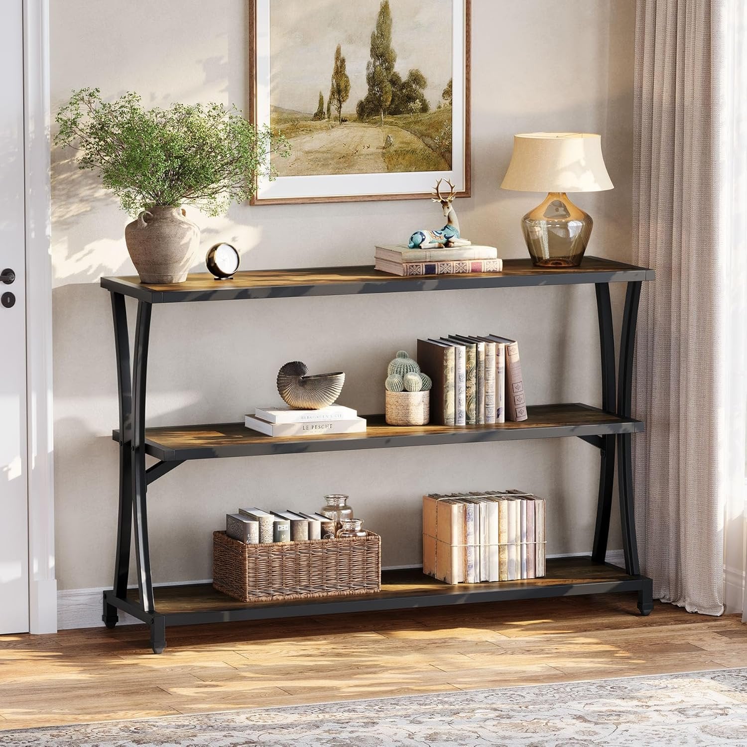 63" Industrial 3-Tier Console Table, Rustic Narrow Sofa Table with Storage Shelves