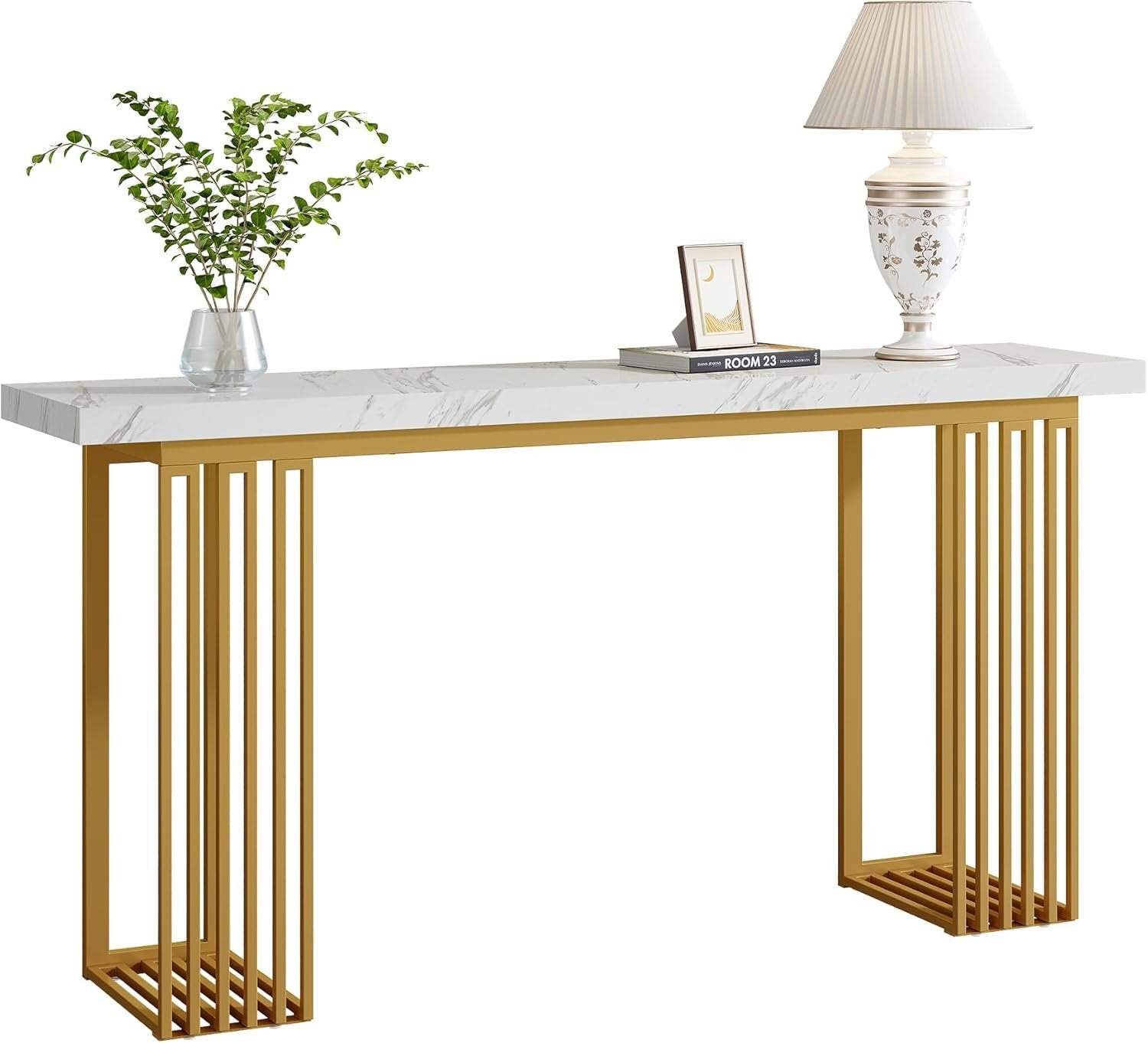 Tribesigns 63" Faux Marble Console Table, Modern Sofa Table with Gold Metal Base